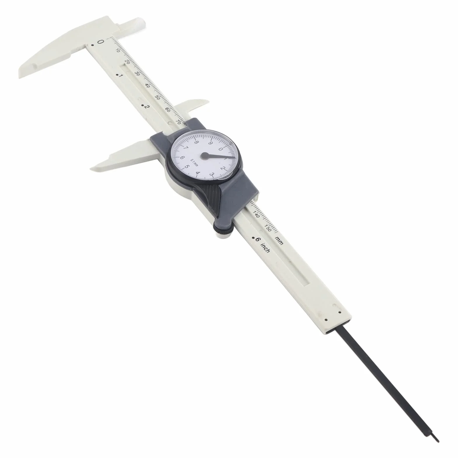 Vernier Suwmiarka 0,01 mm, szybkie i dokładne narzędzie pomiarowe z tworzywa sztucznego, do przemysłu biomedycznego, 0-150 mm (biały) + zacisk zegarowy