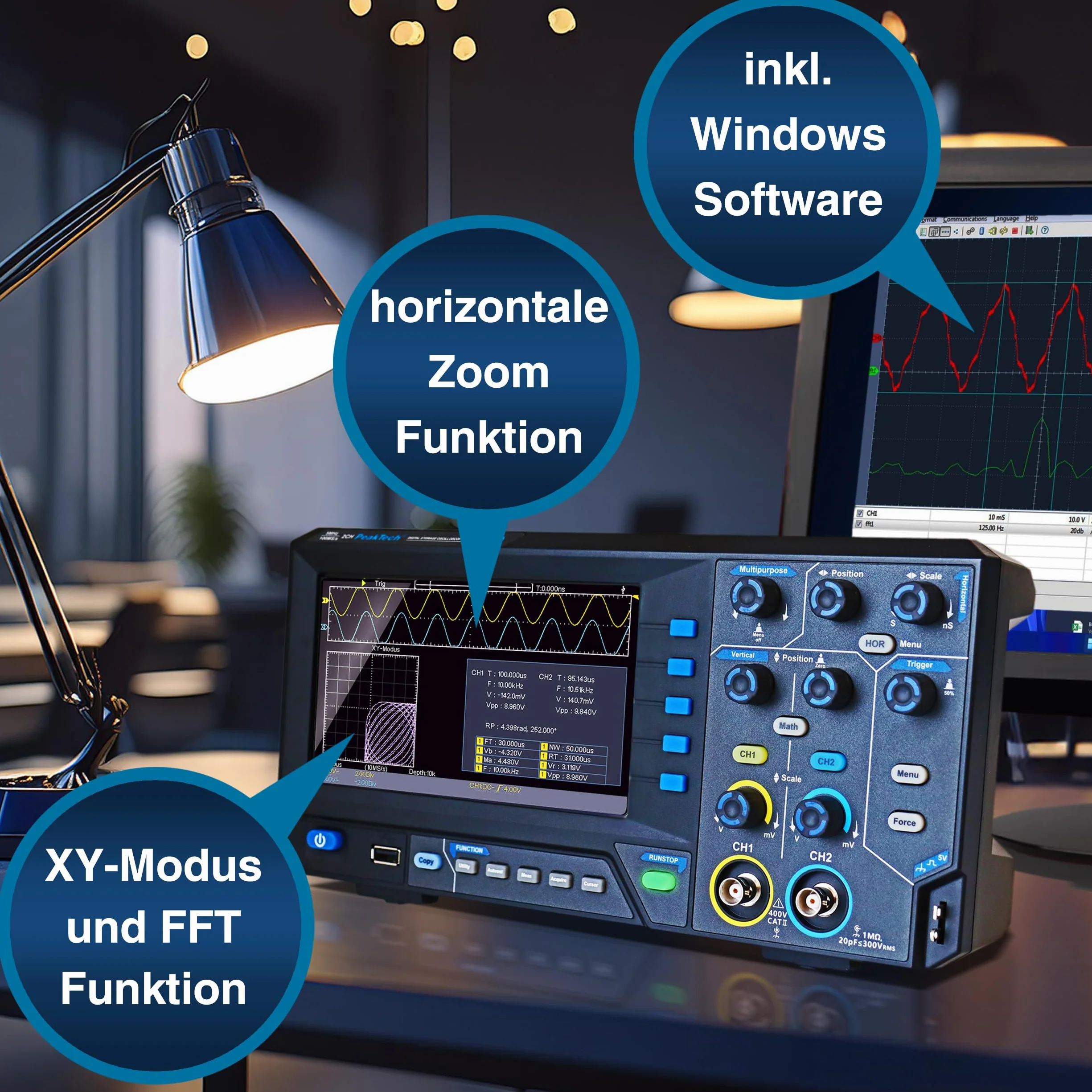 PeakTech 1400 - Kompaktowy oscyloskop cyfrowy, 2-kanałowy, Oscyloskop, szerokość pasma 5 MHz, szybka częstotliwość próbkowania 100 MS/s, złącze USB, w zestawie oprogramowanie PC, wyświetlanie XY i
