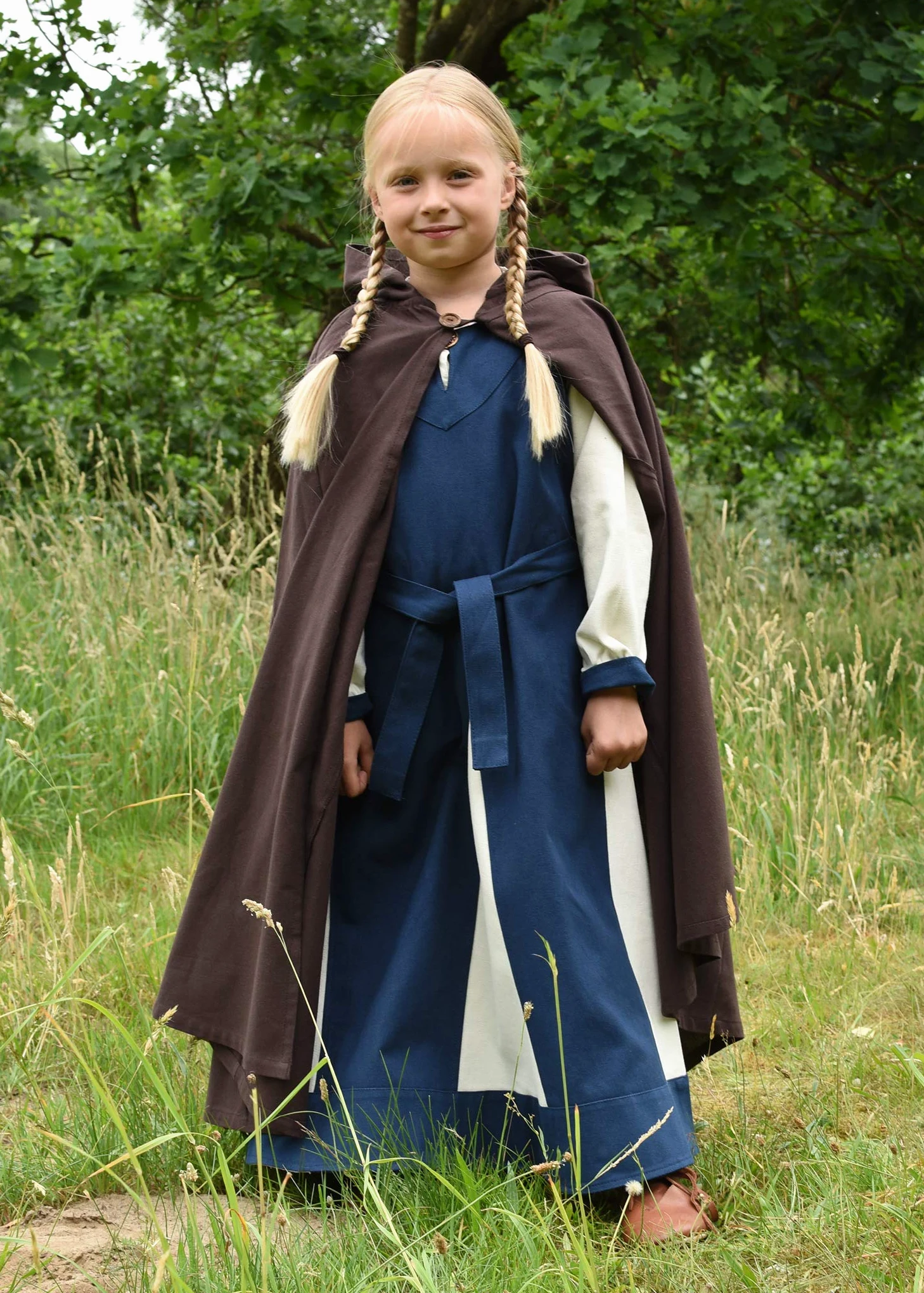 Battle-Merchant Solveig - dziewczęca średniowieczna sukienka wikingów z paskiem - niebieska czerwona - 110-164 (4-16 lat)