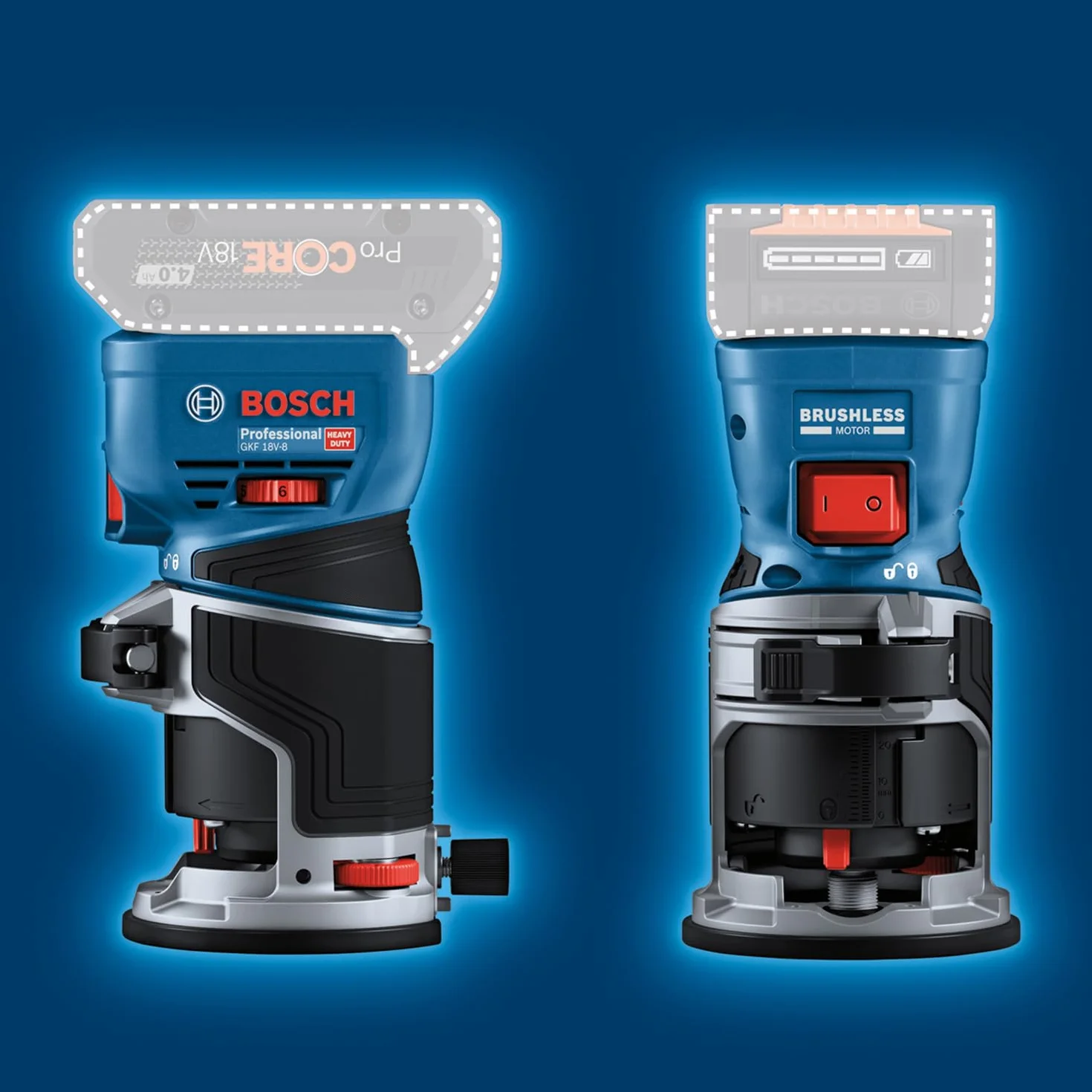 System profesjonalny 18 V firmy Bosch: frezarka akum. GKF 18V-8 (prowadnica równ., 2 adaptery do ods. pyłu – frezowanie, osłona przeciwodpr., tuleja zac. 8 mm, klucz, walizka L-BOXX, bez akum./ład.)