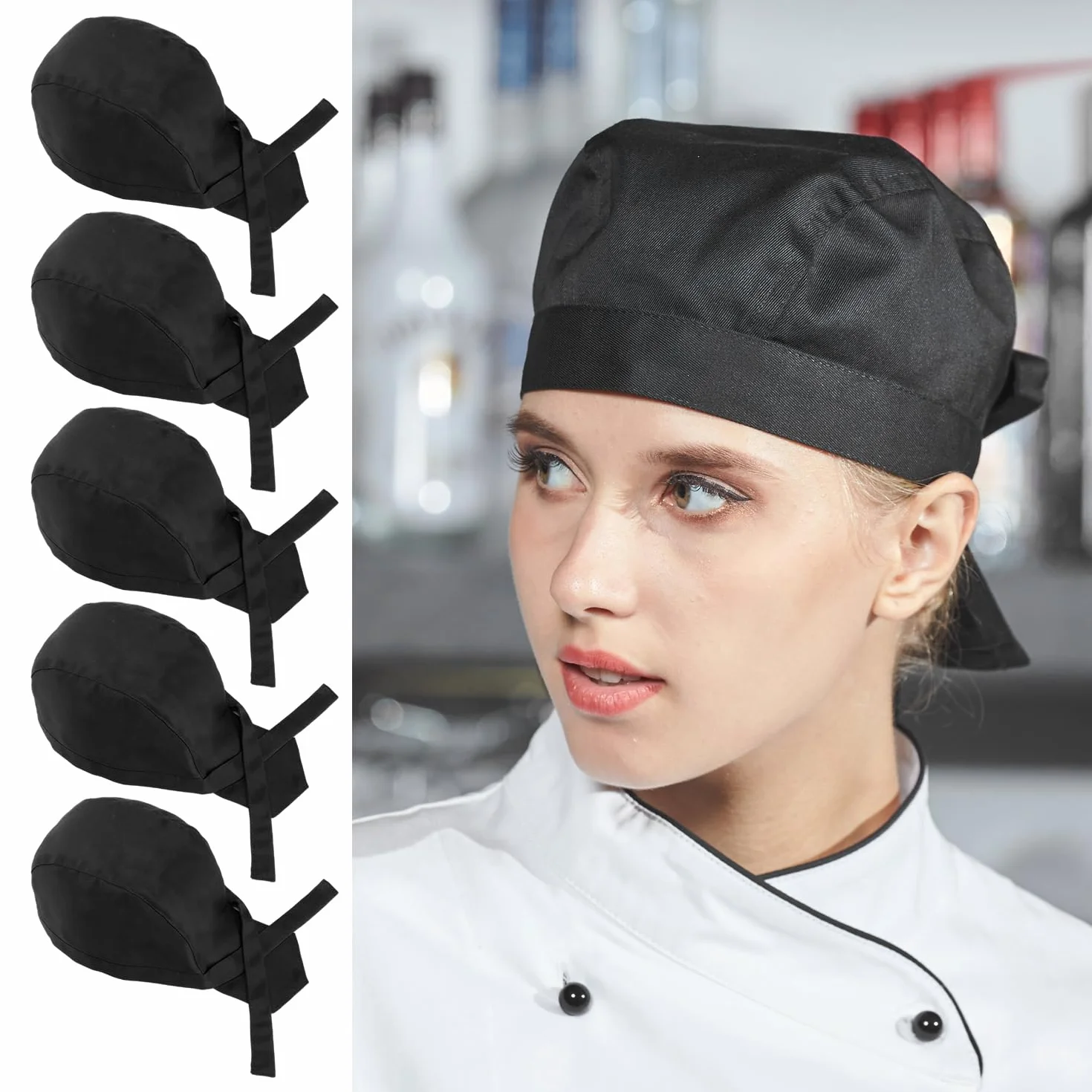 5 sztuk czapek kucharskich dla kobiet i mężczyzn, regulowana czapka, długa bandana, czapka kucharska, wysoka czapka kucharska, czapka kuchenna do gastronomii, czapka restauracyjna (czarna)