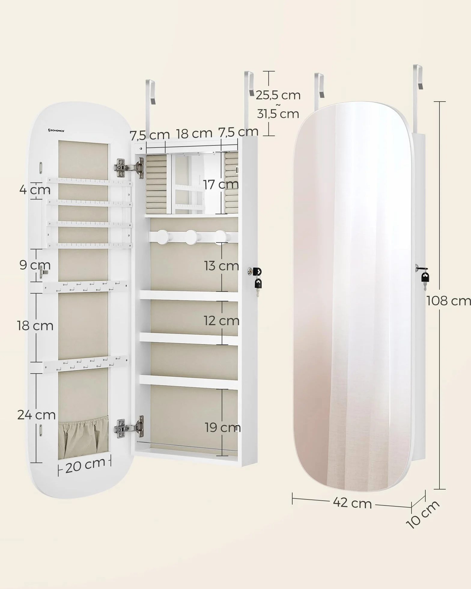 SONGMICS Szafka na biżuterię z lustrem i oświetleniem LED, biała, JJC026W01