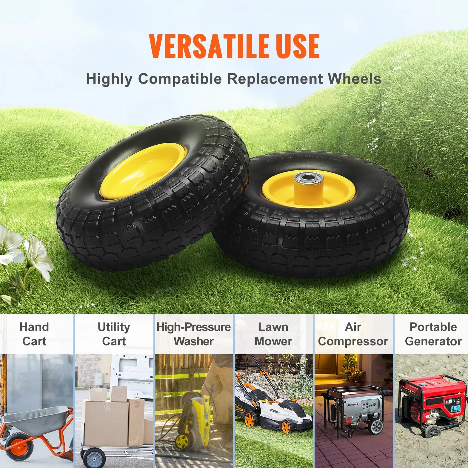 VEVOR Pełne koła PU z oponami RunFlat, 2 sztuki, obciążenie dynamiczne 10 kg, obciążenie statyczne 10 kg, bezdętkowe opony i koła do wózków transportowych, wózków użytkowych, wózków, przyczep