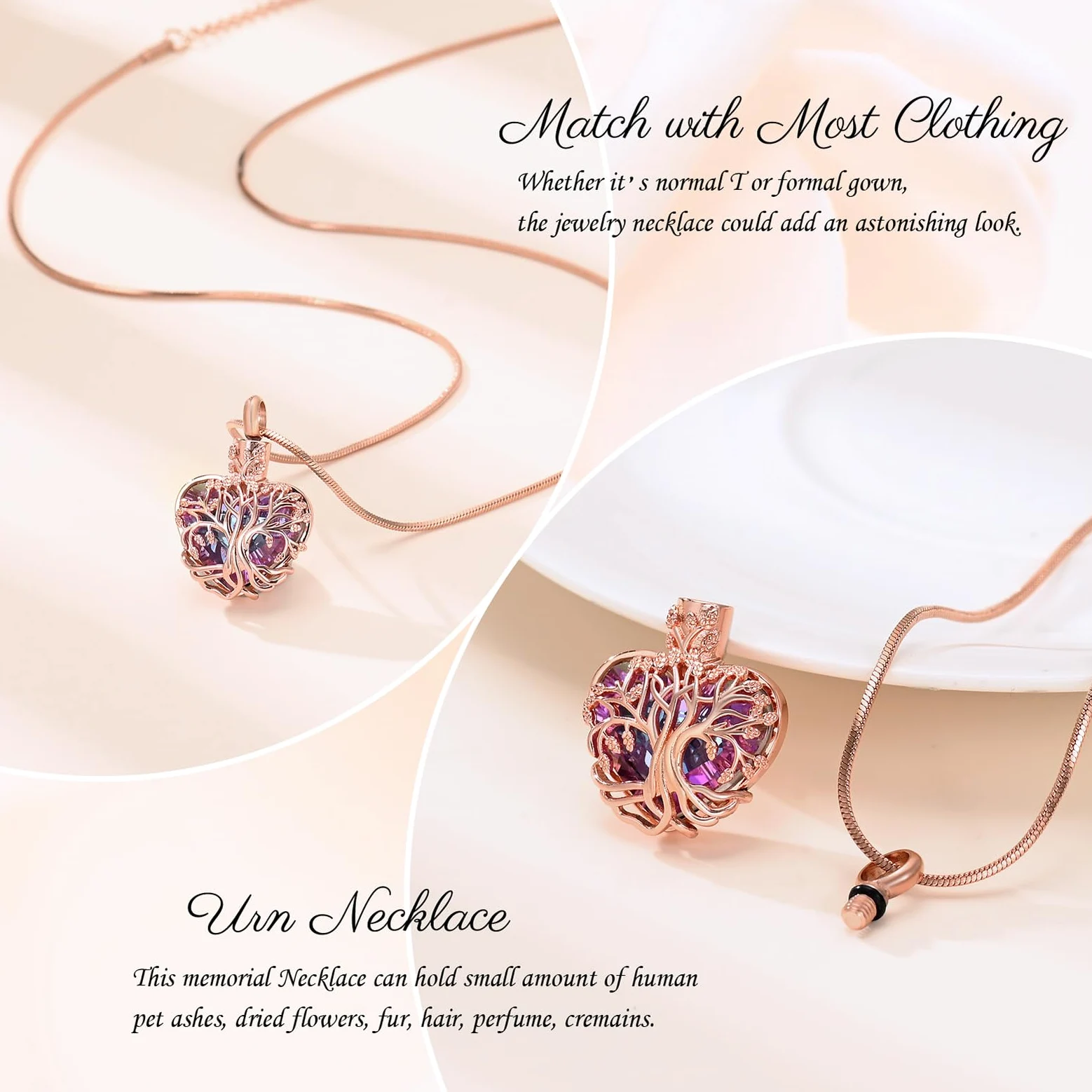 Minicremation Urna Naszyjnik na popiół Drzewo Życia Birthstone Serce Wisiorek Kremacja Keepsake Memorial Pogrzeb Naszyjnik Biżuteria Prezenty dla Kobiet Żony Matki