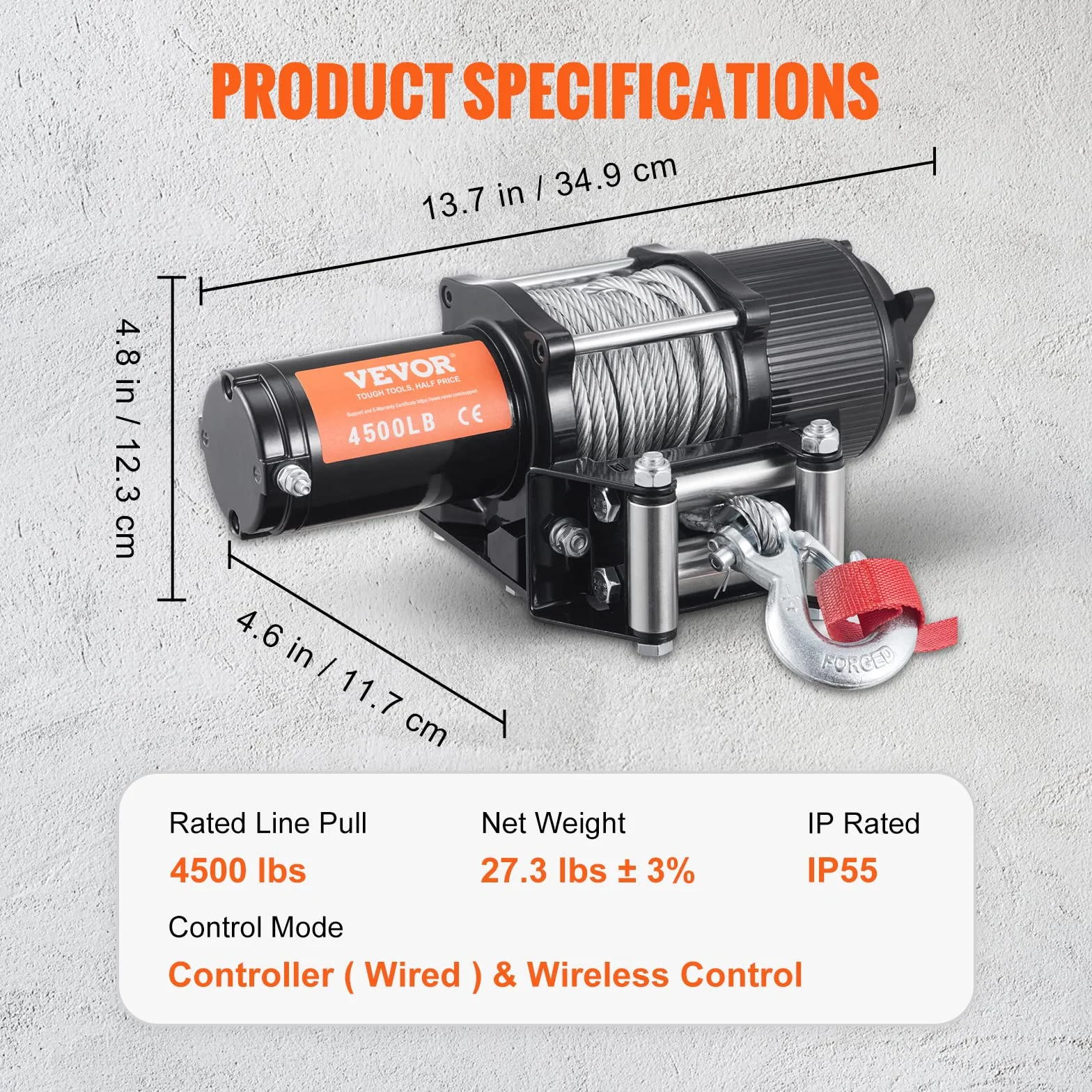 VEVOR Wciągarka elektryczna VEVOR 12 V 4500 lb 2041 kg z bezprzewodowym pilotem Wciągarka linowa IP55 Wodoodporna z przewodowym sterownikiem do holowania przyczep ATV SUV Ciężarówki Jachty Łodzie