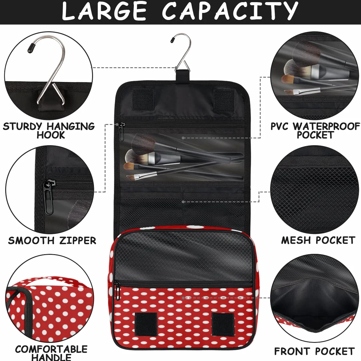Polka Dots czerwona podróżna kosmetyczka w kropki torba do mycia torebka uniseks wiszące przybory toaletowe organizer na kosmetyki, wielobarwny, Jeden rozmiar