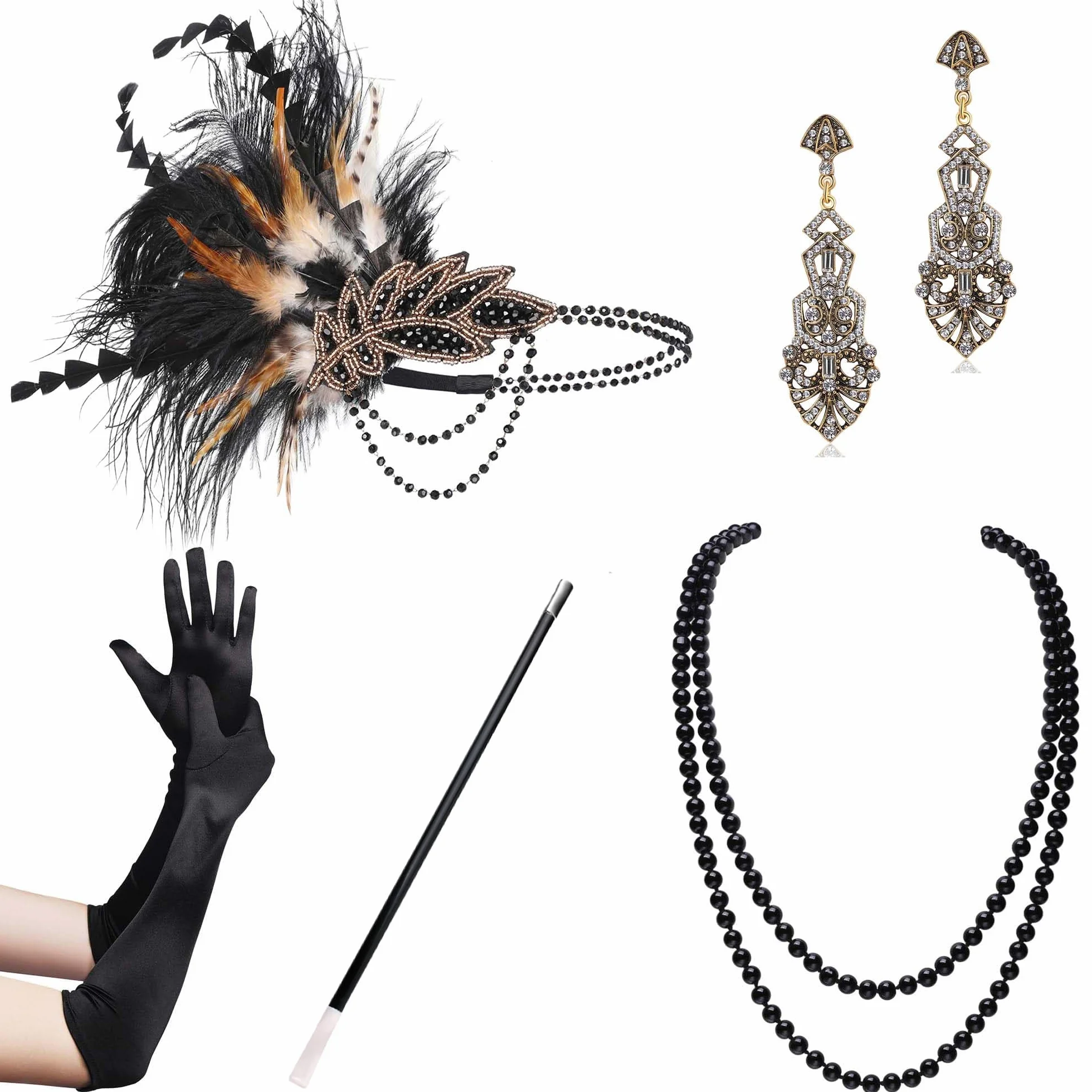 BABEYOND Zestaw akcesoriów damskich w stylu lat 20-tych XX wieku, kostium Gatsby, zestaw akcesoriów łącznie z opaską na