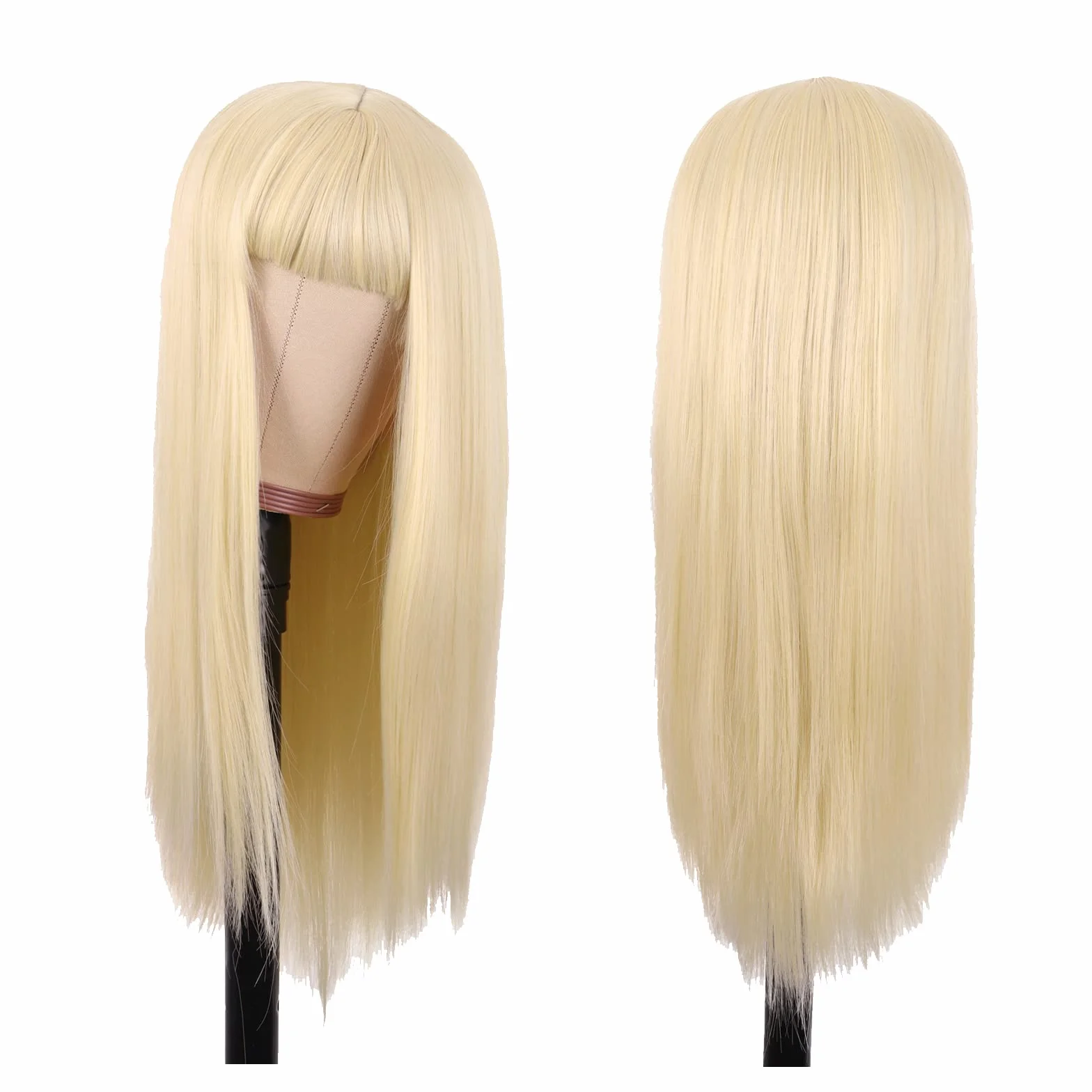 Peruka syntetyczna 56 cm prosta z frędzlami ciepło odporna MapofBeauty mieszany blond