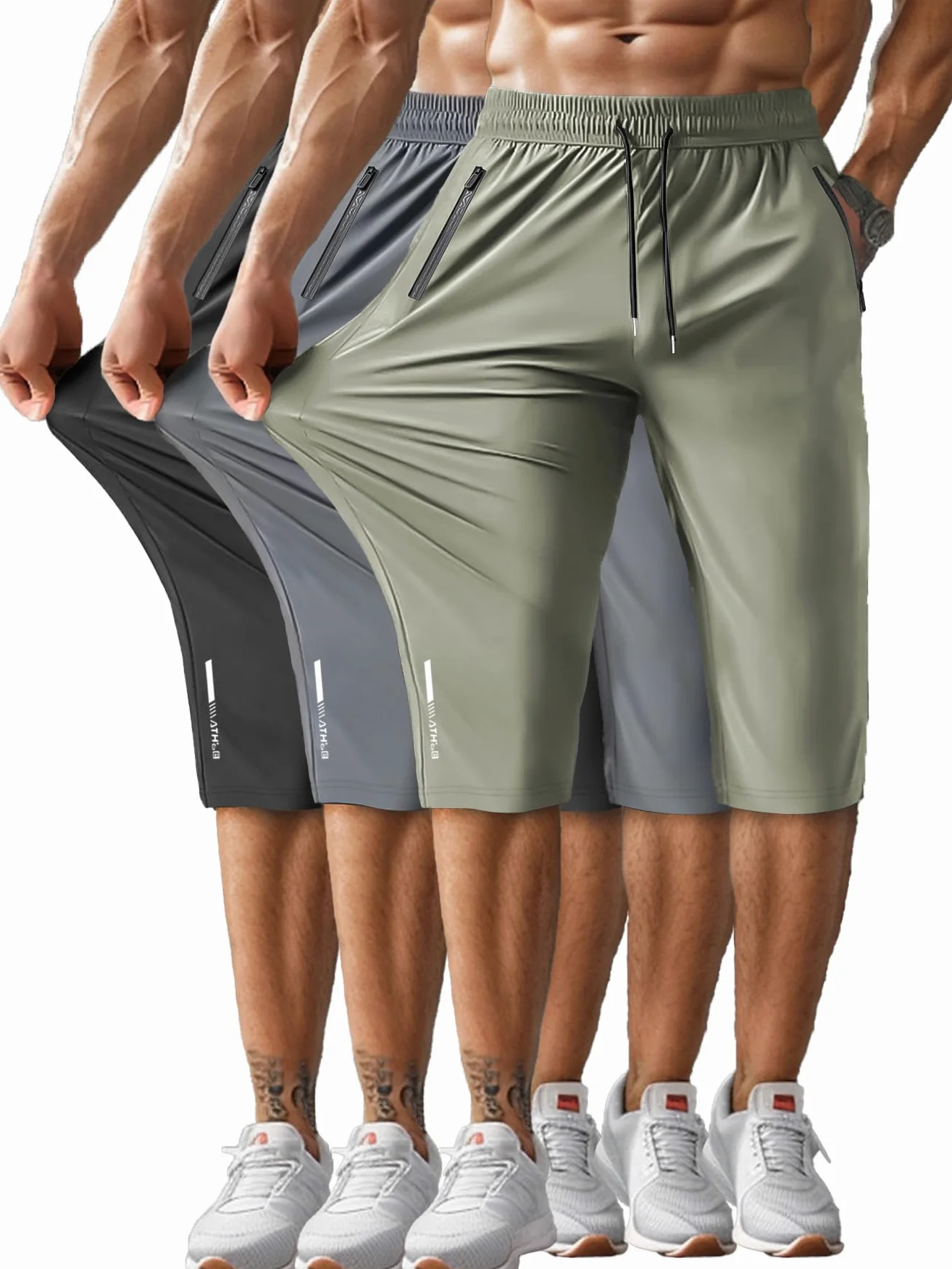 Hidkat Męskie spodnie capri 3/4 joggery siłownia / trening / wędrówki poniżej kolan długie szorty lekkie szybkoschnące z kieszeniami na zamek błyskawiczny
