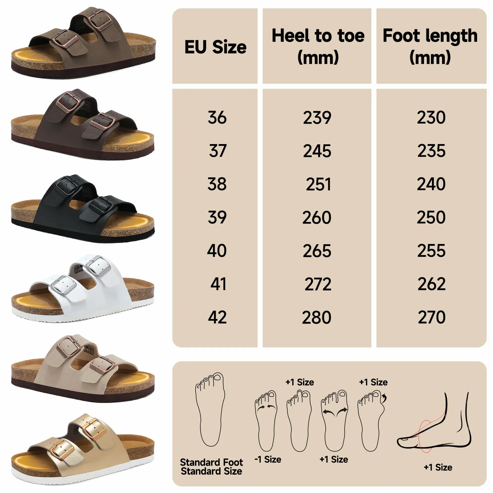 Wizshoe Damskie Skórzane Klapki Z Korkową Podeszwą Pianką Gr.36-42 | Pamięciową Regulowanymi Klamrami Obuwie Plażowe Domowe