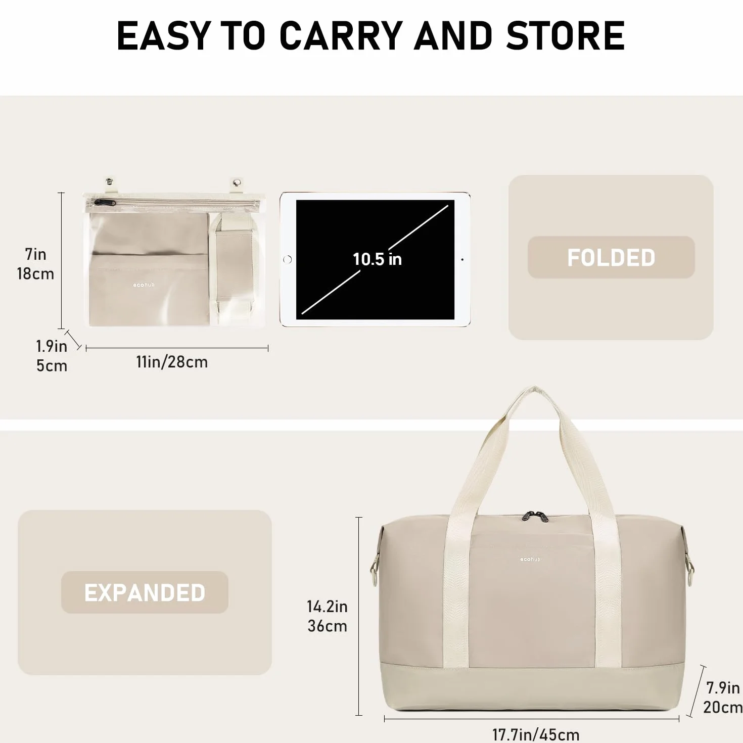 ECOHUB Easyjet Torba kabinowa 45x36x20, 30L Torba podróżna składana, z wyjmowaną kieszenią na mokre rzeczy, Wodoodporna Bagaż podręcznyTorba weekendowa szpitalna damska, Patent zgłoszony(Beżowy)