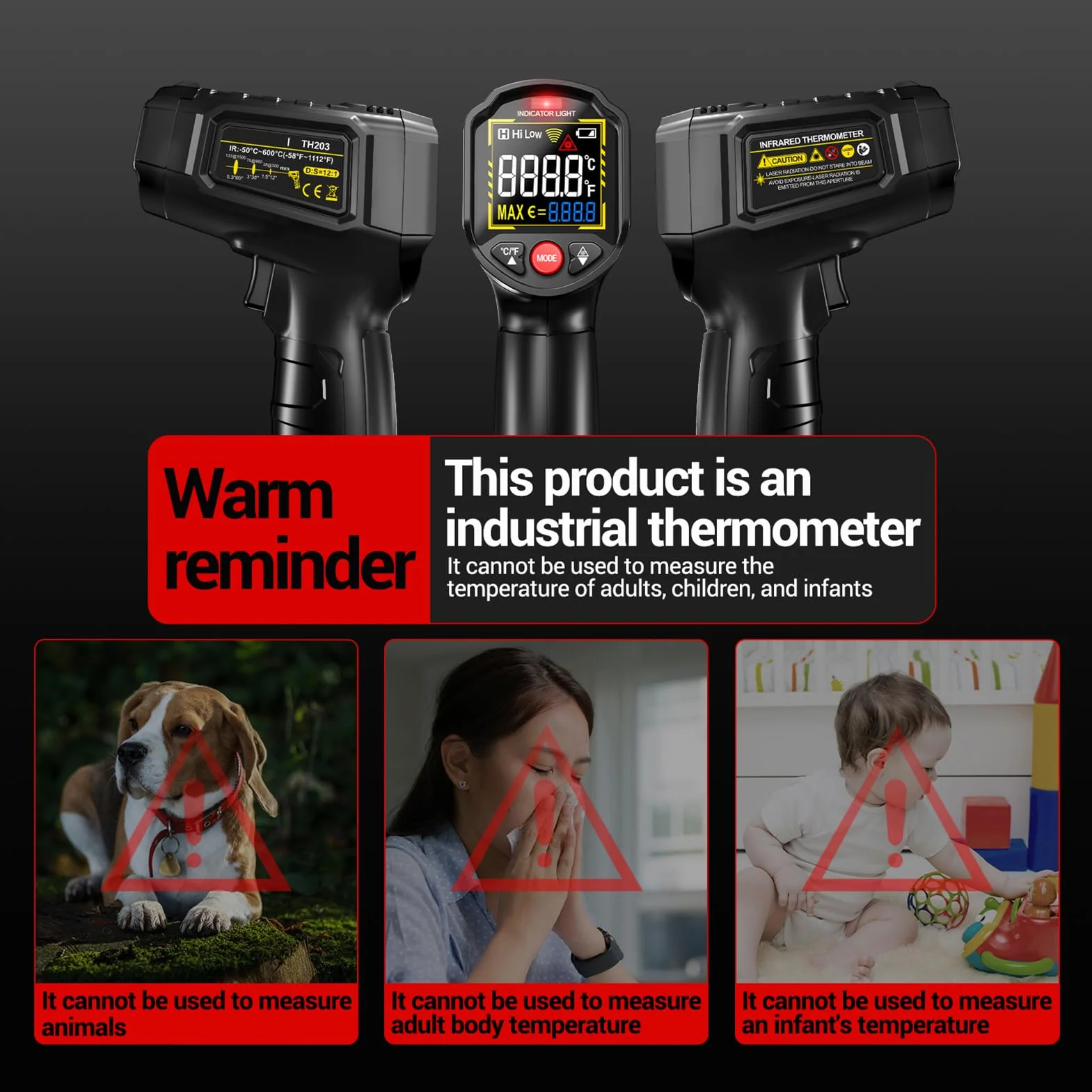 Fabater Bezdotykowy Pistolet do Pomiaru Temperatury, Regulowana emisyjność, Termometr na podczerwień: Precyzyjna Konserwacja Elektryczna, Monitorowanie Temperatury Gotowania/oleju, Odwracalny (BLACK)