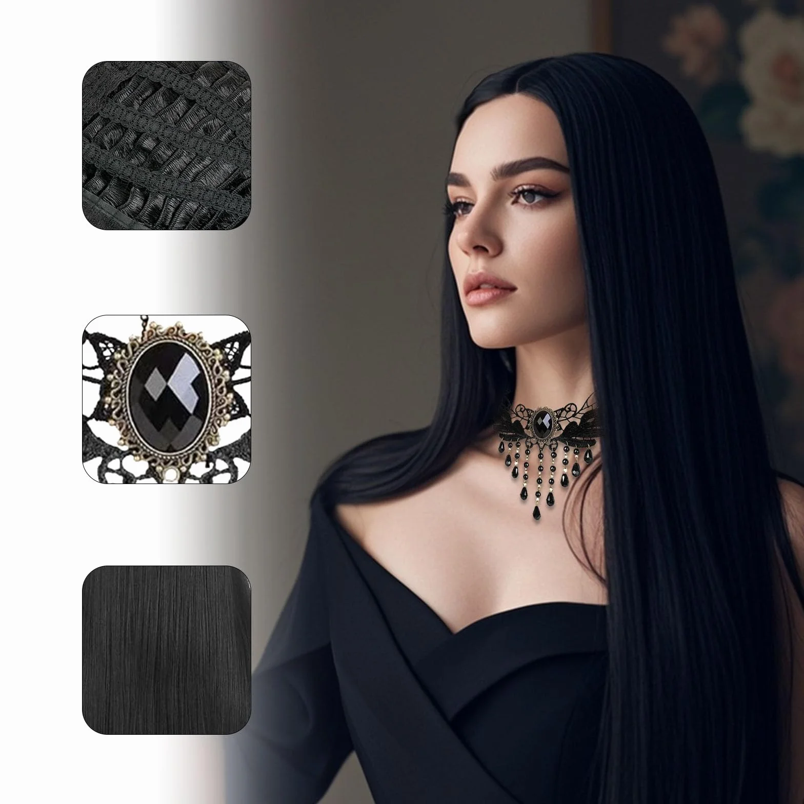 Peruka czarna kostium czarownicy dla kobiet z akcesoriami, kostium Morticia Addams na Cosplay, Halloween, karnawał i imprezy tematyczne