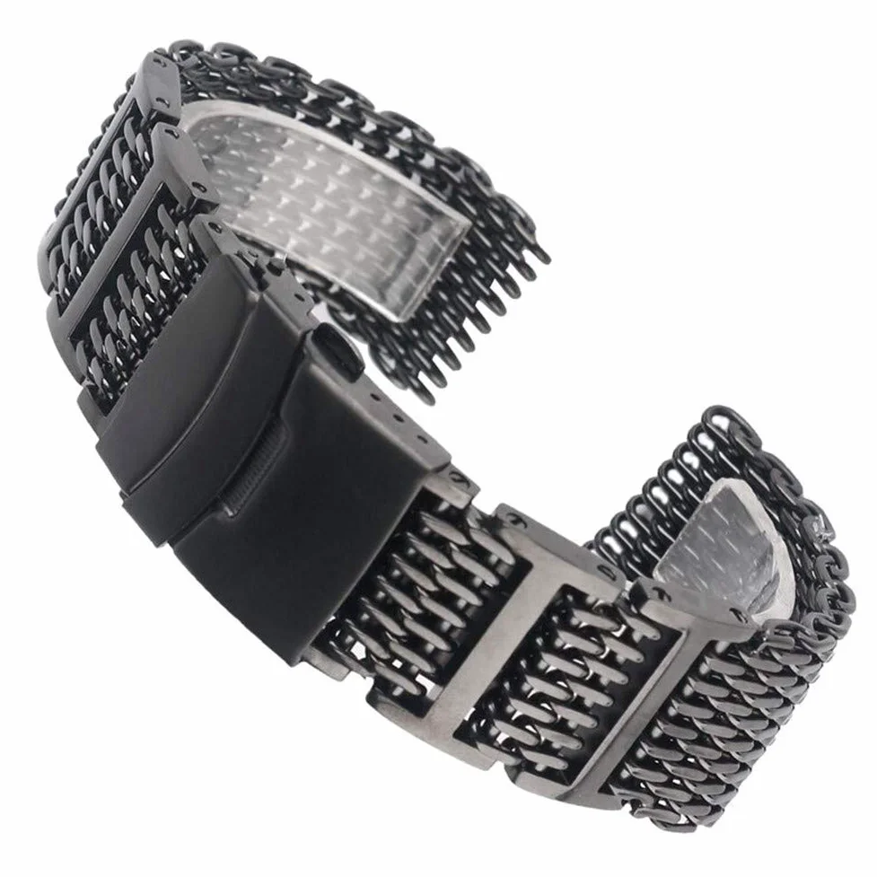 20mm 22mm 24mm Męski pasek do zegarka ze stali nierdzewnej Shark Mesh Pasek na nadgarstek Luksusowa wymiana bransoletki Zwart Push Button (jeden kolor 24mm)