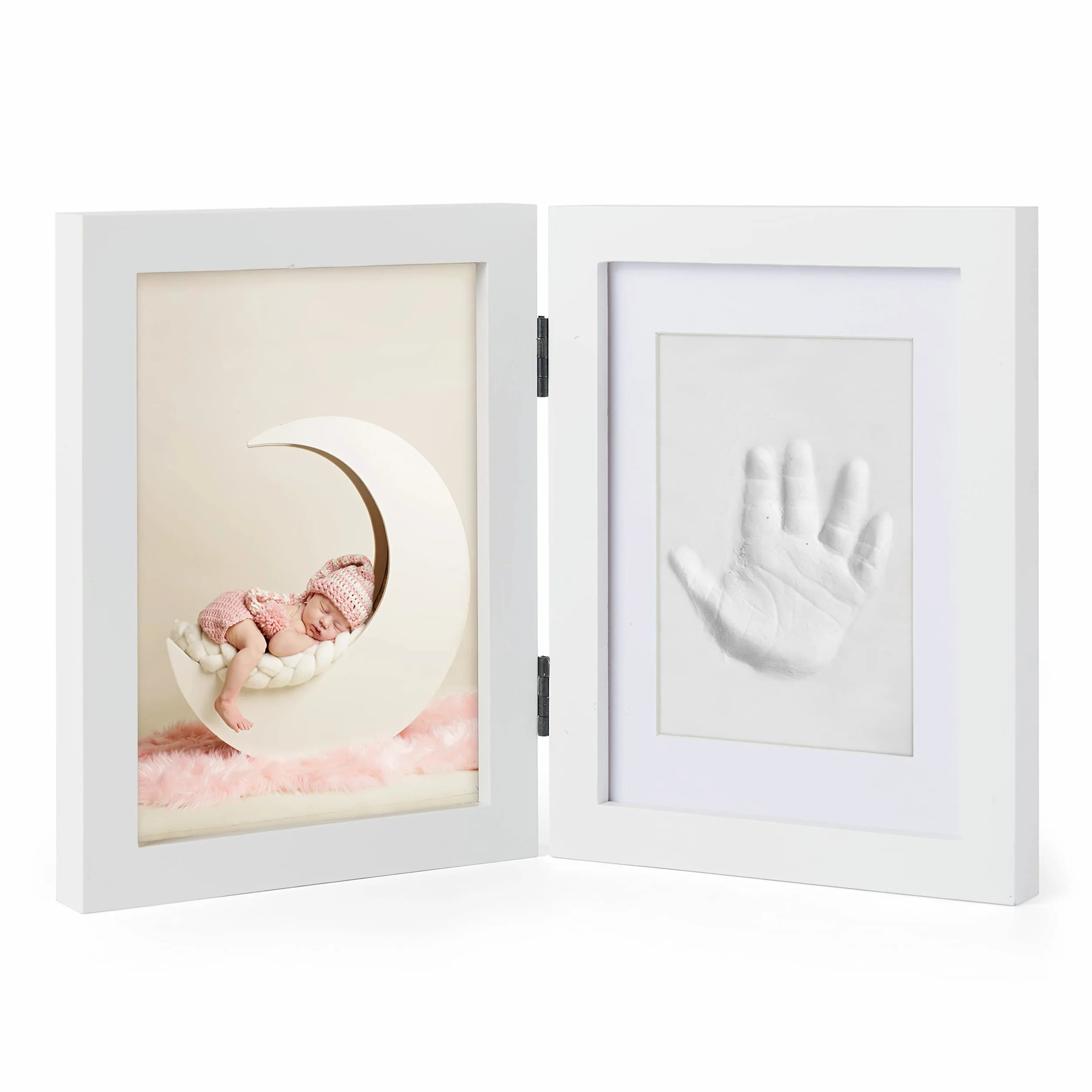 Chuckle - Ramka na zdjęcia z gliny i dłoni dziecka, zestaw pamiątkowy - prezent na Dzień Matki, nowa mama i rodzice, noworodki, baby shower, przyjęcie i dekoracja pokoju dziecięcego - biała
