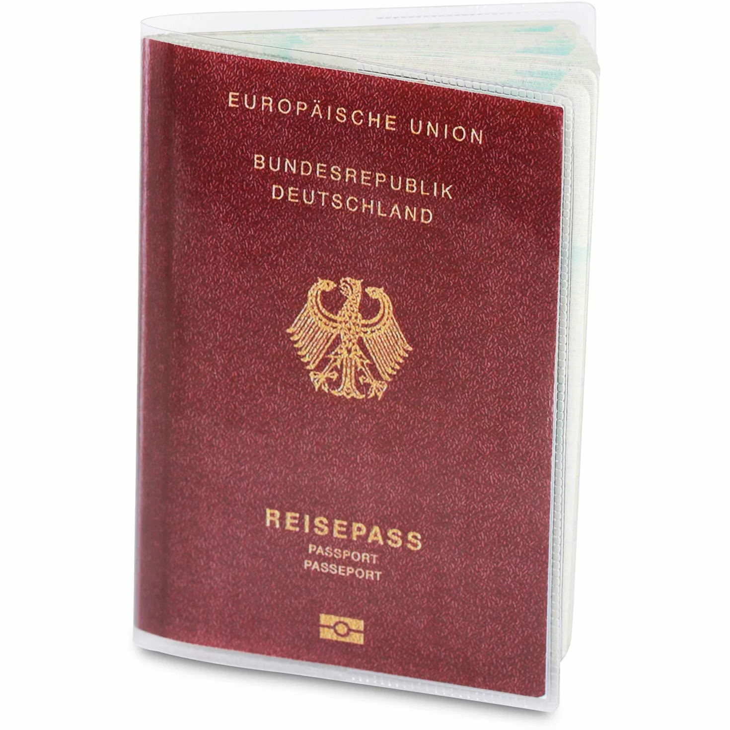 2 x etui na paszport na nowy paszport (od kwietnia 2017), odporne na dokumenty i przezroczyste, w odpornym na rozdarcie etui ochronnym. Chroni paszport przed wodą, kurzem i brudem. Dwa etui na