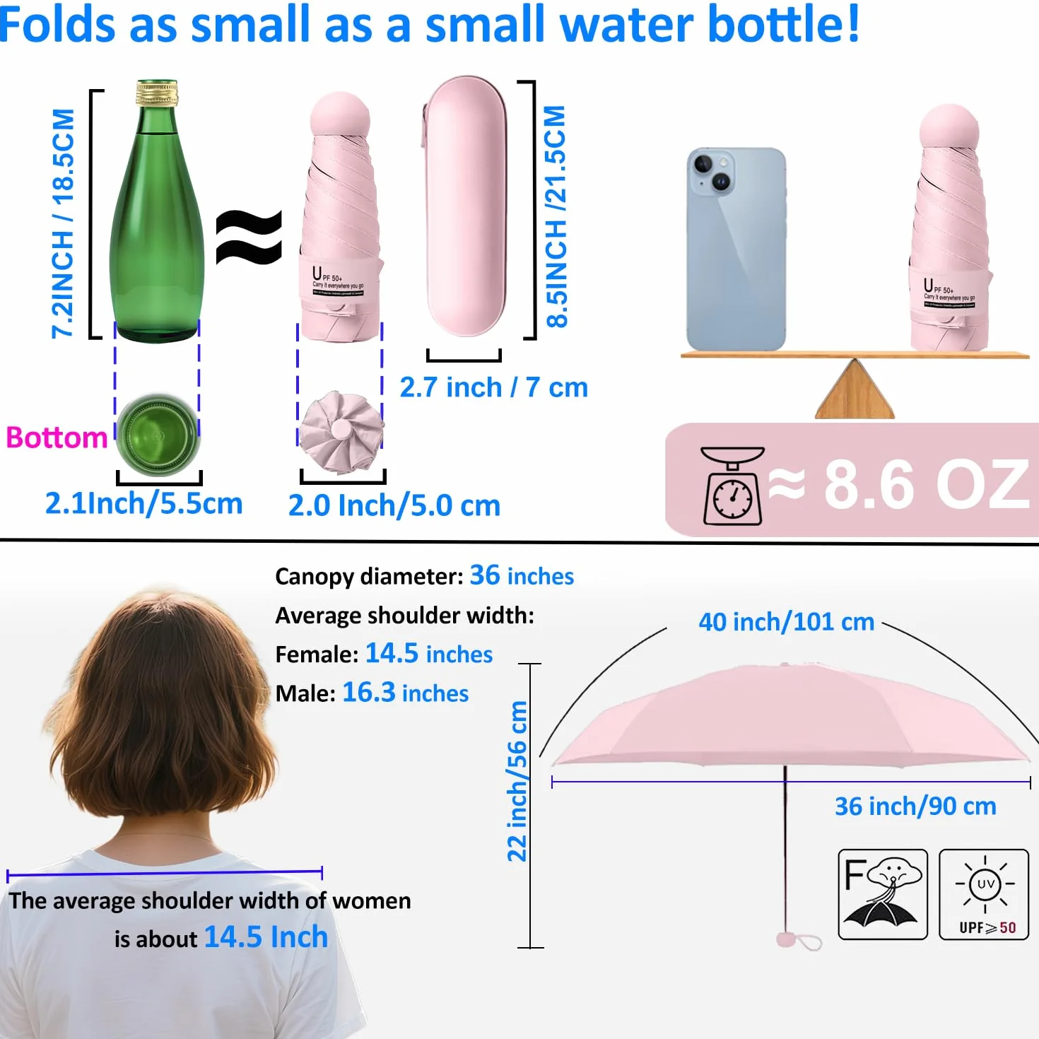 BAODINI Podróżny mini parasol do torebki z etui-mały kompaktowy parasol chroniący przed promieniowaniem UV lekki mały parasol kieszonkowy UPF 50+ dla kobiet dziewcząt mężczyzn
