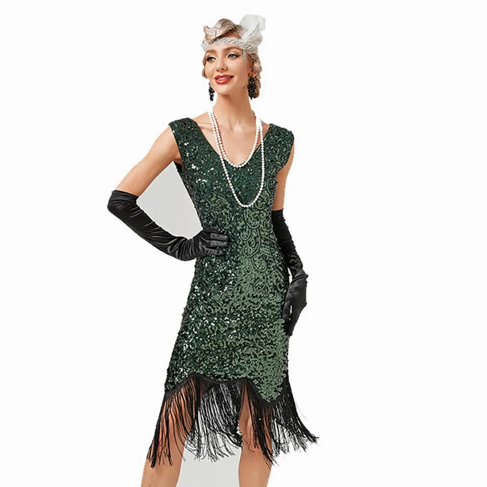 Sukienka Flapper dla kobiet z lat 20. XX wieku, cekiny, frędzle, kostium Gatsby, sukienka kostiumowa