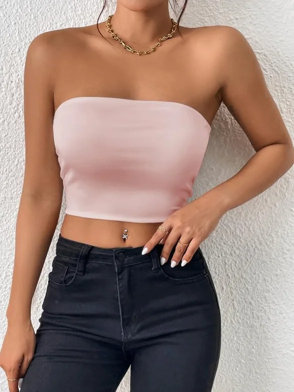 Tube Top Damski T-shirt bez ramiączek Lato Bandeau Slim Fit Bez rękawów Crop Topy z elastycznym paskiem Podwójna warstwa Bluzka Podstawowa tuba Y2K Koszula Sexy Bez wyściółki Stroje
