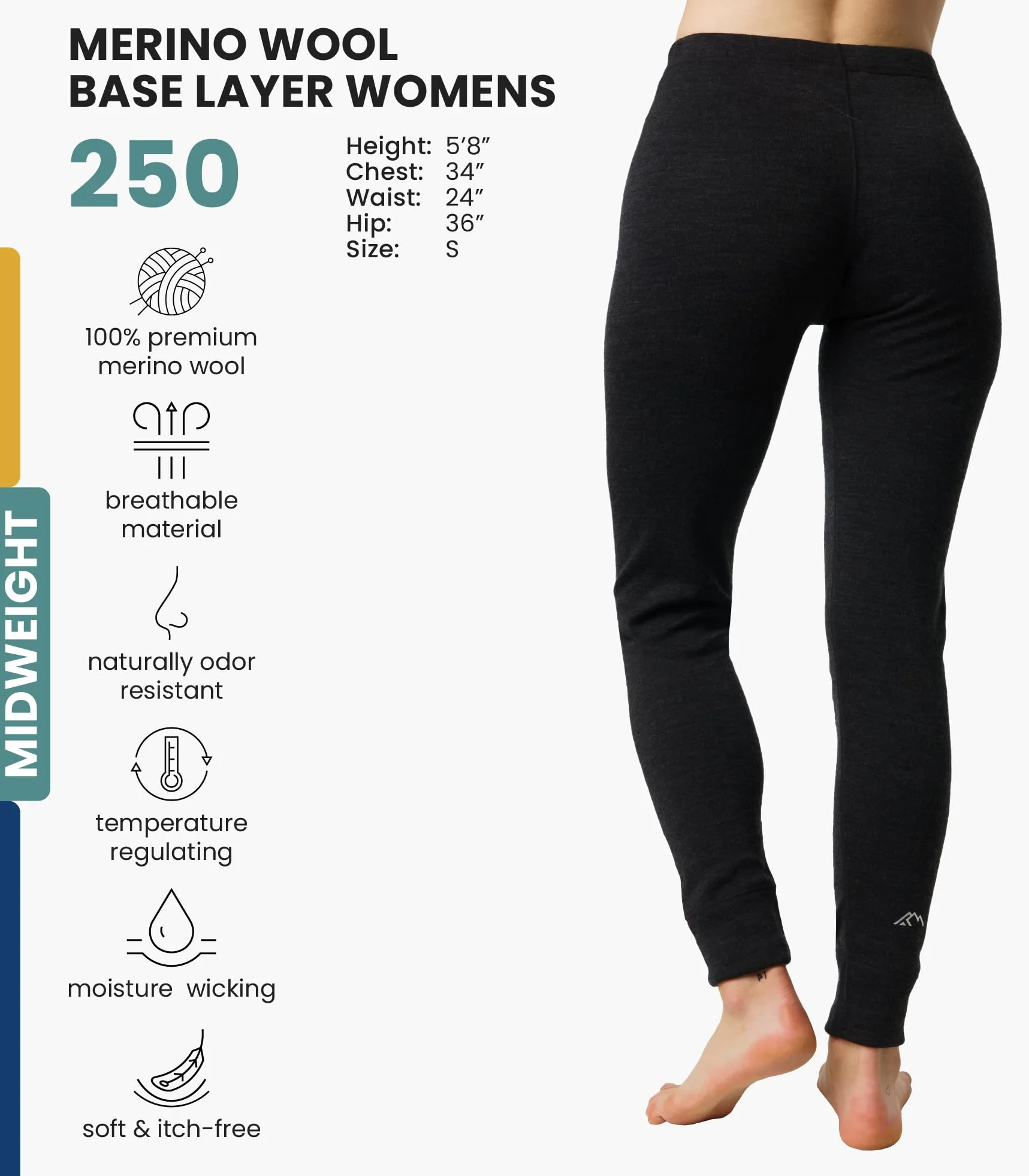 Legginsy z wełny merynosowej warstwa bazowa dla kobiet 100% spodnie termiczne S