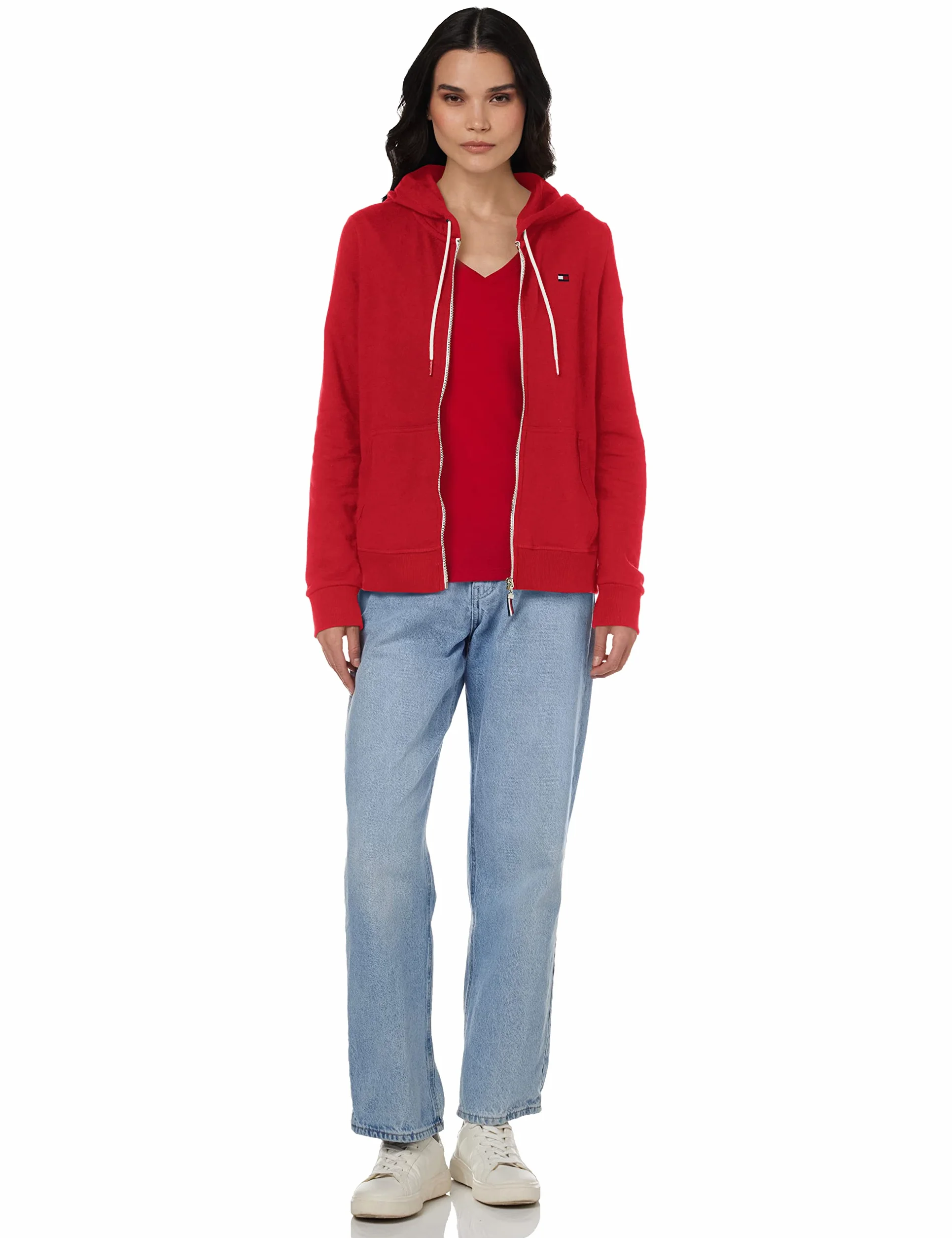 Tommy Hilfiger Damska bluza z kapturem z kontrastowym zamkiem, Szkarłatowy, XL