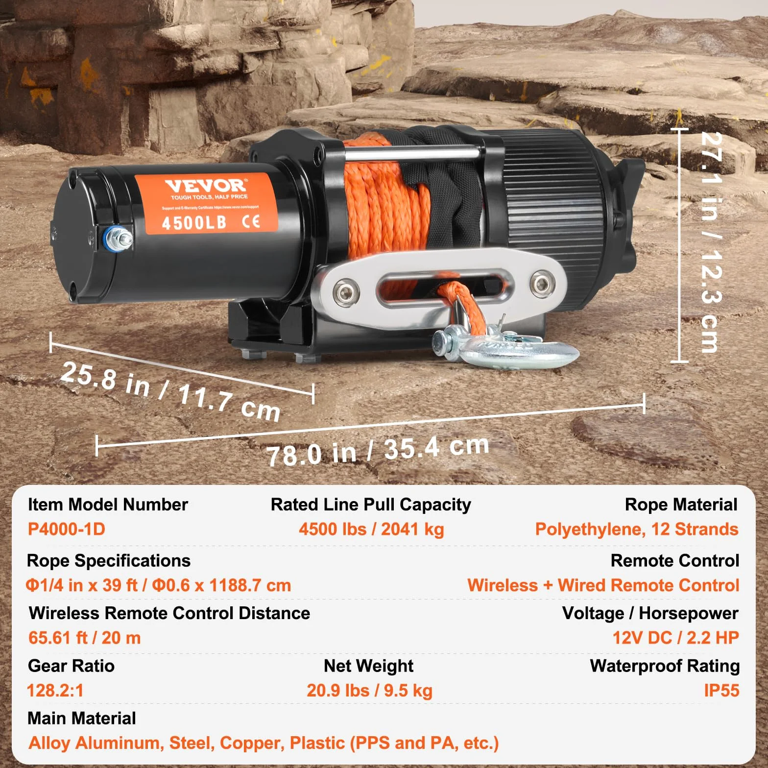VEVOR Wciągarka linowa 12 V, 2041 kg, wciągarka elektryczna 12 V DC do pojazdów terenowych/UTV, wciągarka silnikowa z 12-żyłową linką syntetyczną (Φ0,6 x 1188,7 cm), aluminiowa prowadnica liny, piloty