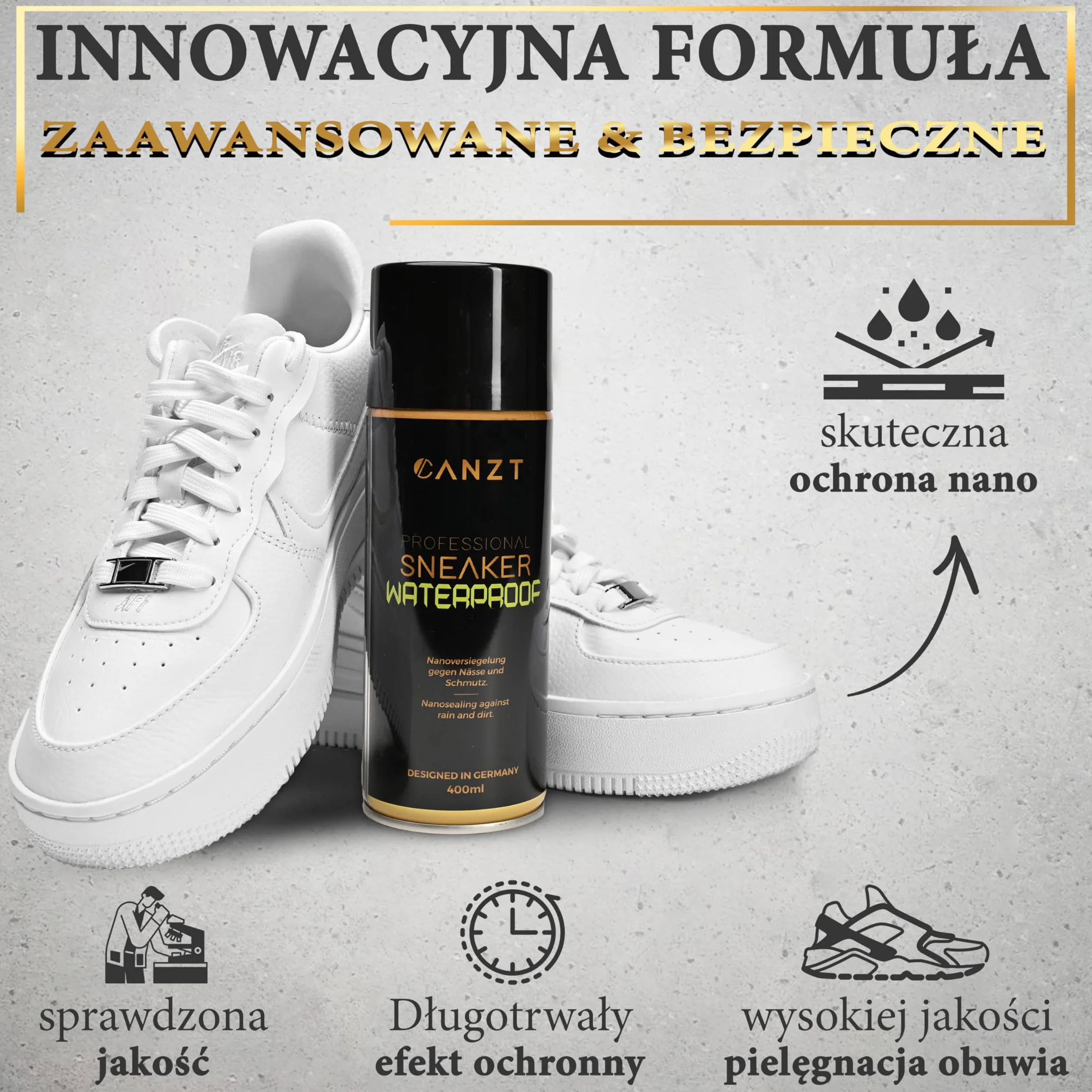 Canzt Impregnat do Butów 400 ml – Spray Ochronny do Skóry, Zamszu, Nubuku i Tkanin – Wodoodporny i Oddychający Preparat do Sneakersów i Obuwia Outdoorowego