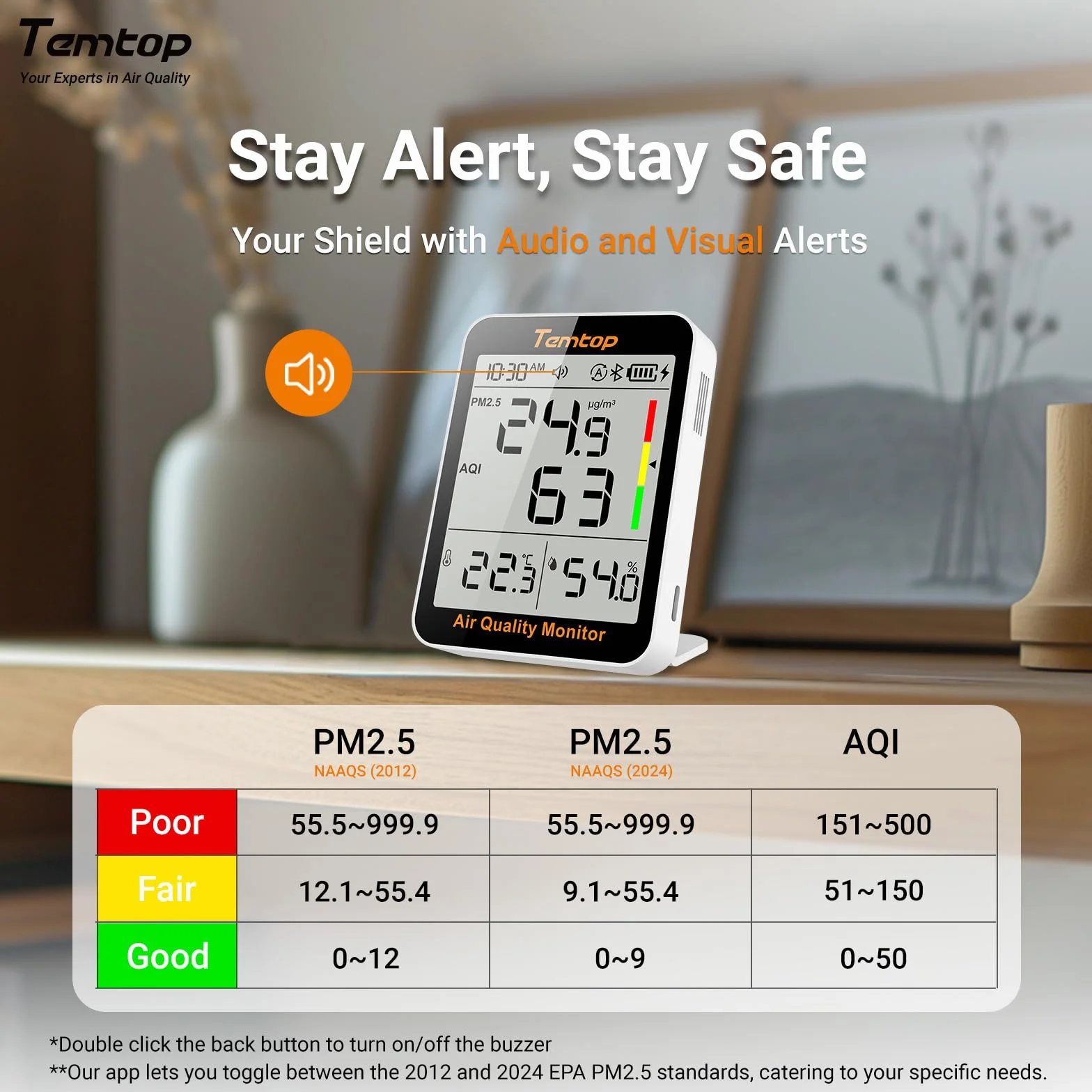 Temtop Monitor jakości powietrza, PM2.5, Bluetooth, termohigrometr, cyfrowy higrometr, do domu, biura, monitor wilgotności do sypialni, salonu, S1+