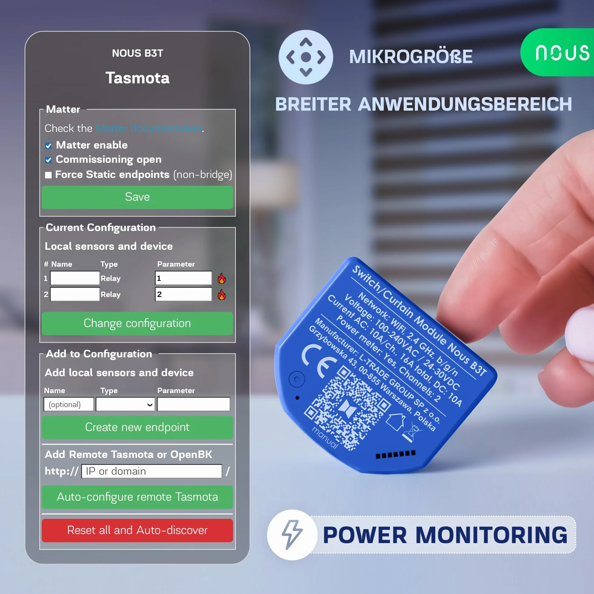 NOUS Moduł przełączający WiFi Tasmota, 16 A, 2 kanały z pomiarem mocy/moduł kurtyny 1 kanał, ESP32, czujnik temperatury, Matter & MQTT, suche styki, kompatybilny z Alexa, Home Assistant, Google Home,