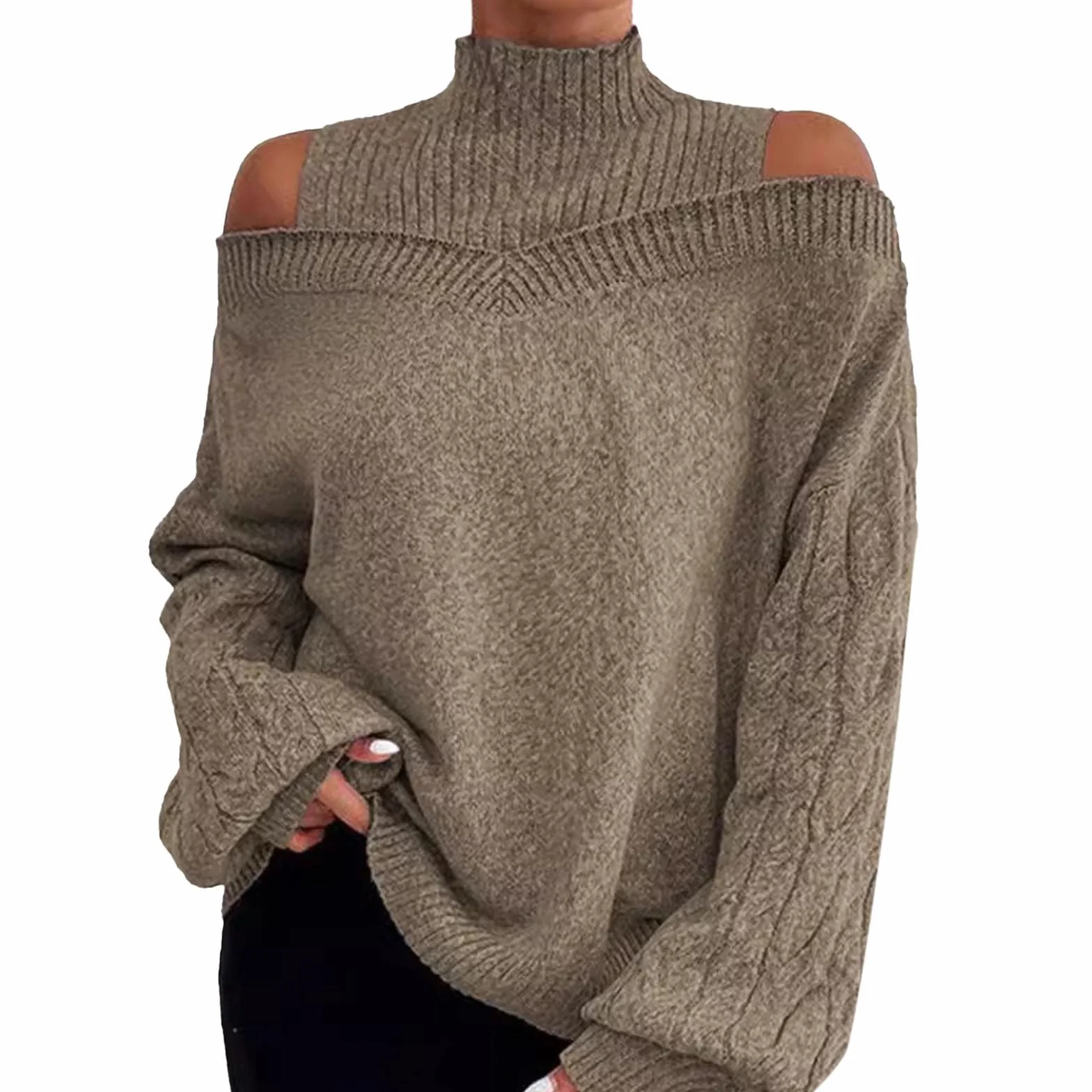 2025 Mock Neck swetry dla kobiet golf topy damskie 2025 sweter z odkrytymi ramionami pulower półgolf rękaw osiem luźne do treningu wewnątrz na zewnątrz podstawowa koszulka prezenty świąteczne