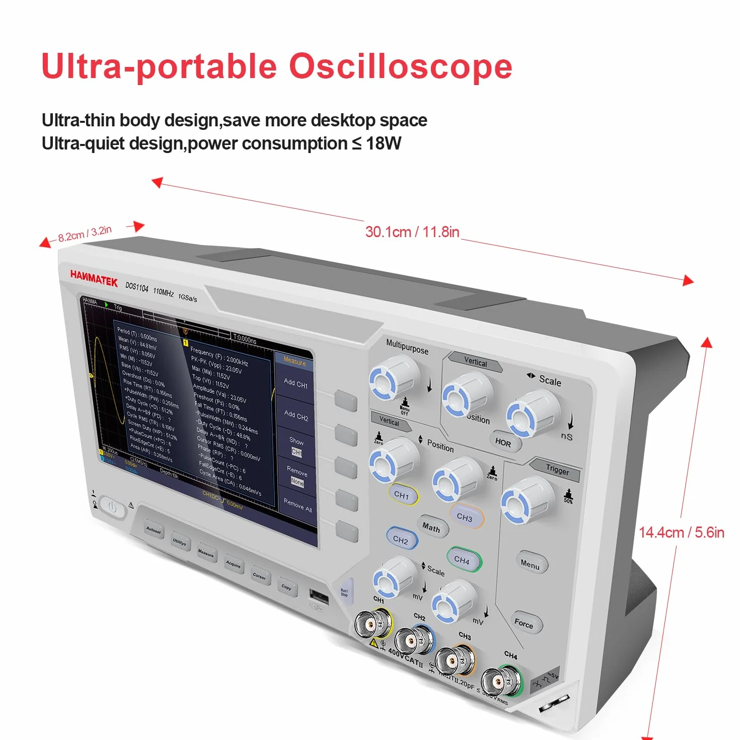 Oscyloskop cyfrowy 4-kanałowy z 7-calowym wyświetlaczem TFT-LCD 110 MHz przepustowość 1GS/s częstotliwość próbkowania HANMATEK DOS1104