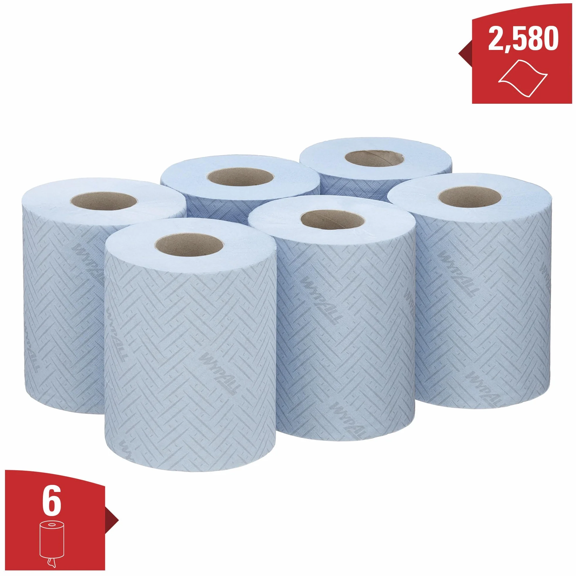 WypAll L10 Papier do wycierania żywności i higieny 6223-1-warstwowa niebieska rolka centralnego podawania - 6 rolek środkowego podawania x 430 chusteczek papierowych (łącznie 2580)