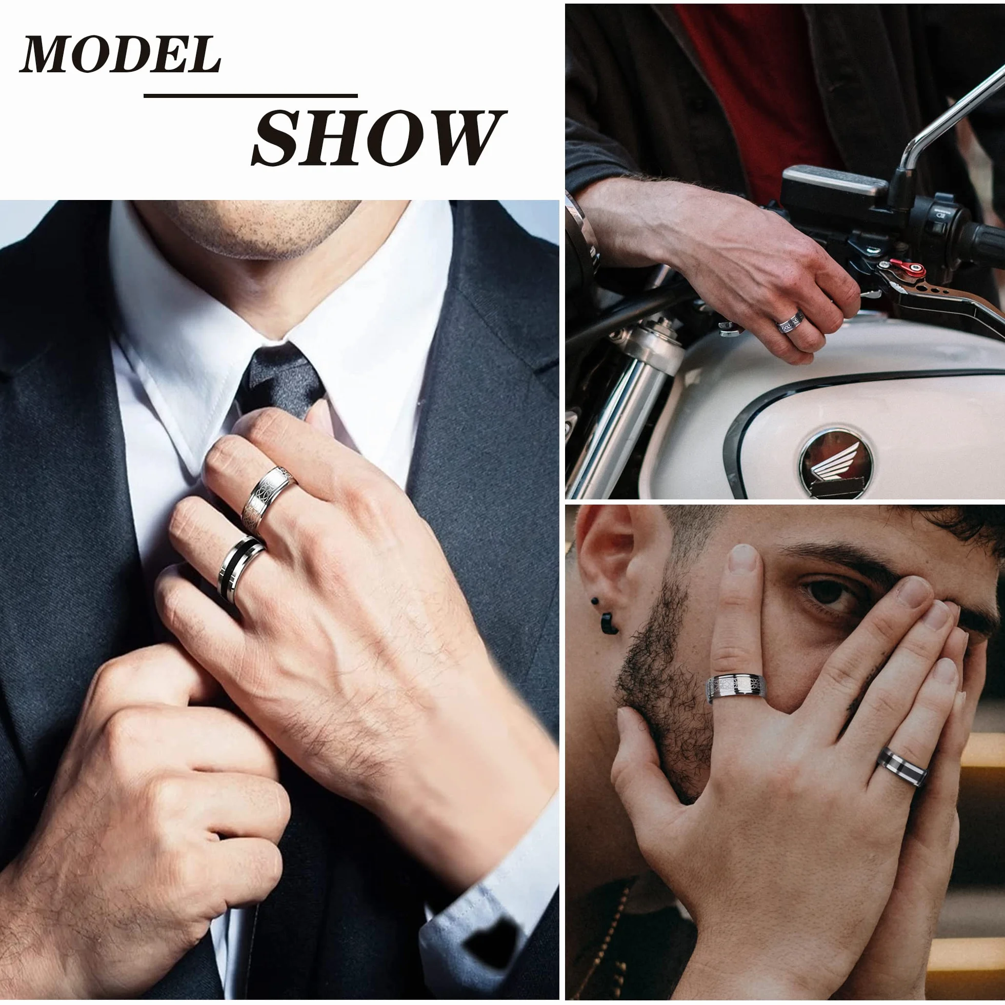 JeweBella 7-częściowy Sygnet męski ze stali nierdzewnej matowy srebrny polerowany Celtycki węzeł Vintage Biker Ring Duży klasyczny czarny męski zestaw Gothic Grawerowanie Sygnet dla mężczyzn