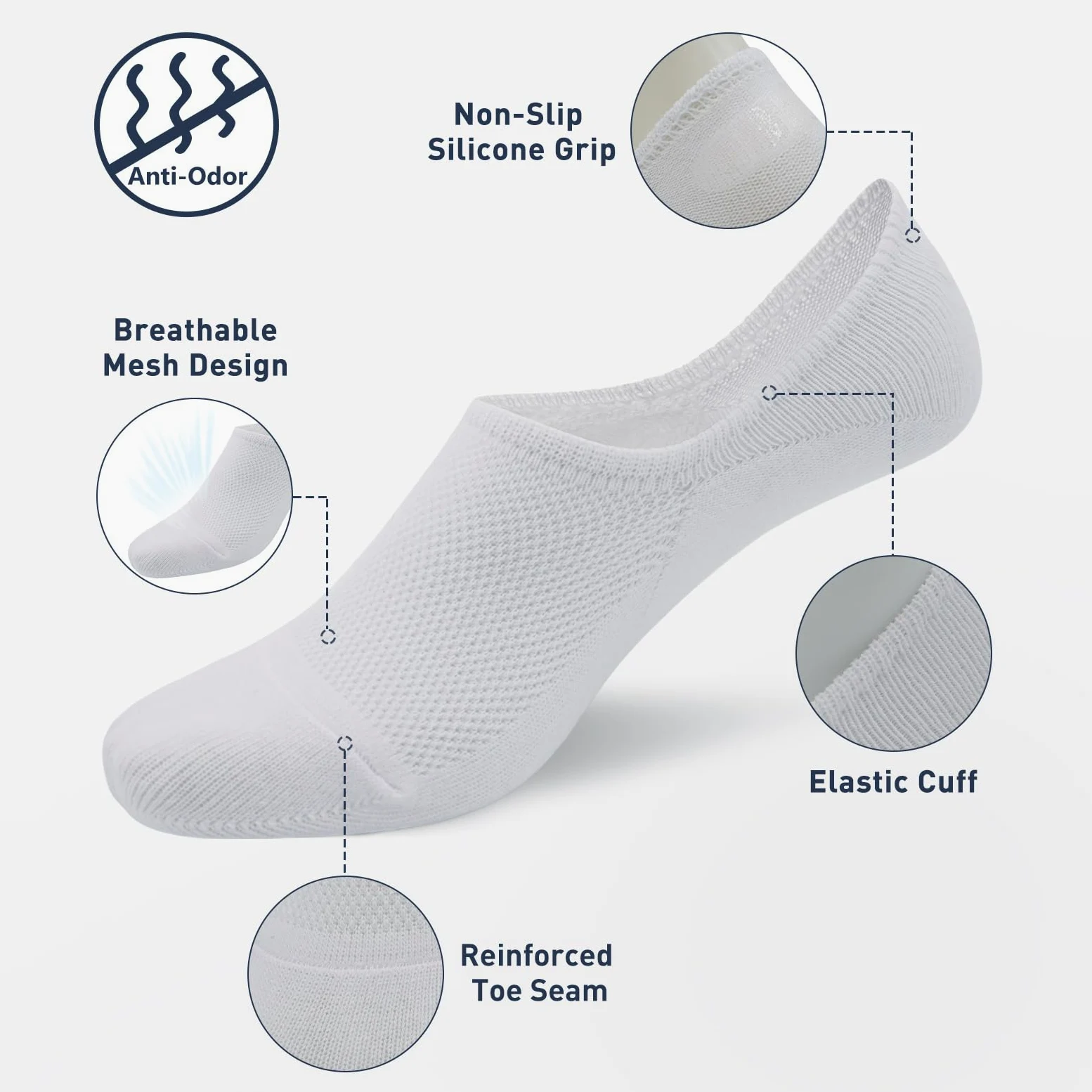 SIXDAYSOX Skarpety No Show Men 6/8 Pack Invisible Low Cut Skarpety Antypoślizgowe Krótkie Skarpety Rozmiar 5-11/10-13, 6 Pure White, 4-10.5 UK, 6 Czysta biel, 4-10.5 UK