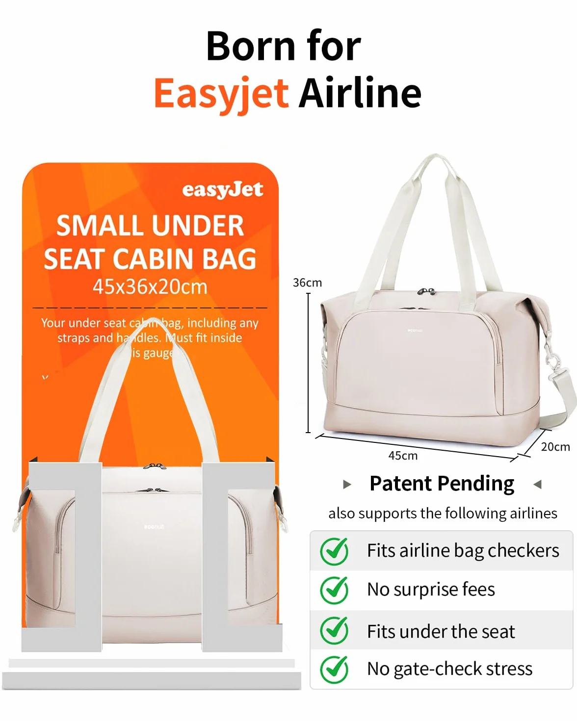 ECOHUB Składana Torba Podróżna do Ryanair EasyJet, Bagaż Podręczny do Samolotu z Wyjmowaną Mokrą Kieszenią, Wodoodporny Weekender z Recyklingu PET, Torba Kabinowa, 45x36x20 cm, 30L(Beżowy)
