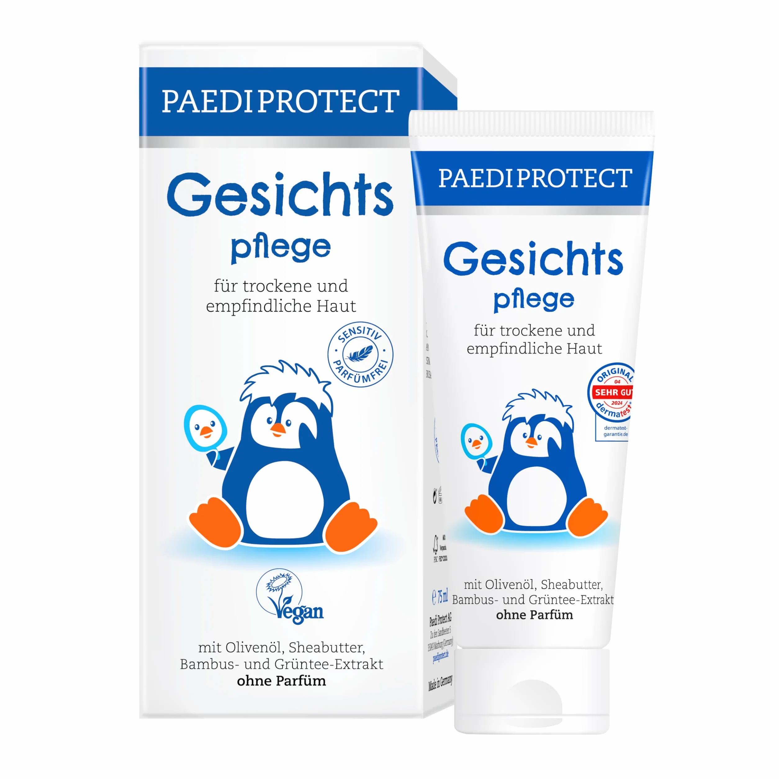 PAEDIPROTECT Krem do pielęgnacji twarzy dla niemowląt i dzieci, 75 ml, bez perfum i bez mikroplastiku, krem do twarzy sucha, wrażliwa skóra, wegańskie substancje pielęgnacyjne, kojący i pielęgnujący