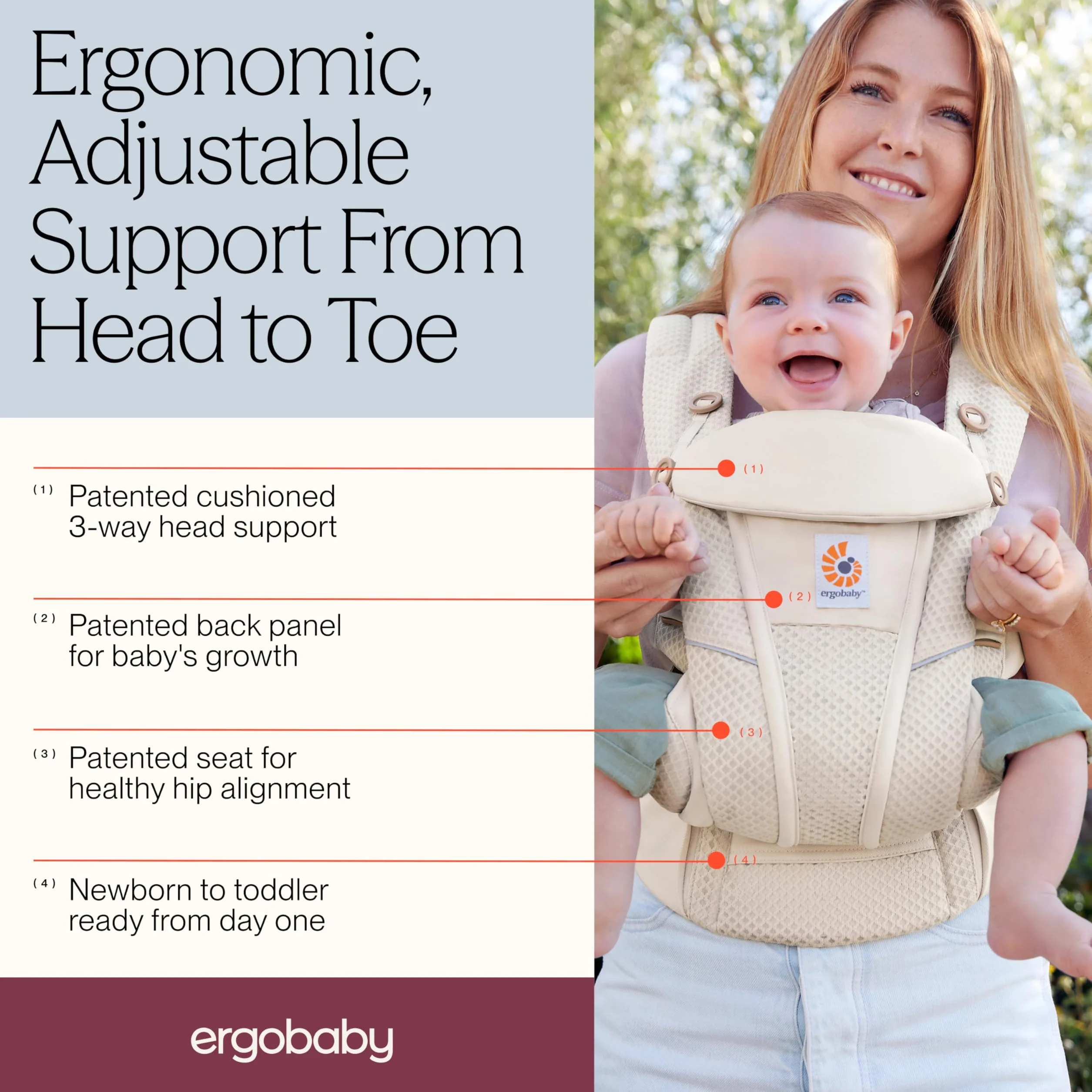 Ergobaby Omni Breeze Nosidełko dla noworodków od urodzenia do 20 kg, 4 pozycje SoftFlex Mesh Ergonomiczne nosidełko dla niemowląt Nosidełko do noszenia na plecach, Heathered Denim Blue