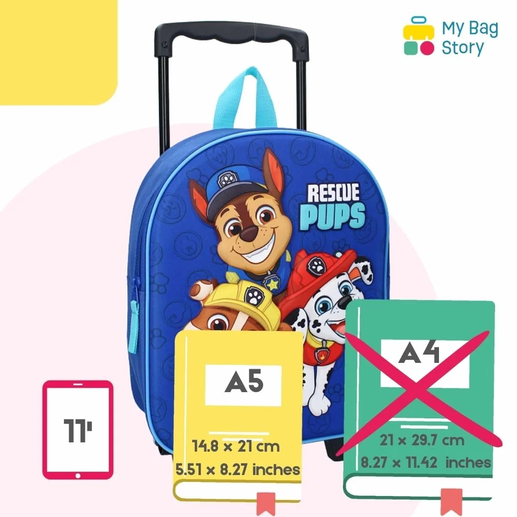 mybagstory - Torba 3D Pat Patrol - Dziecko 32 x 26 x 11 cm - 1 kieszeń zapinana na zamek - Wózek z 2 kołami - Efekt ulgi - Idealny do przedszkola, na wakacje lub wyjścia