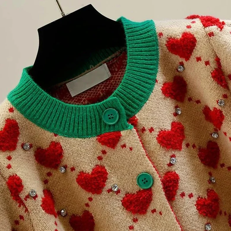 Damski sweter z dzianiny w kratę z okrągłym dekoltem, kardigany vintage, jednorzędowy, krótki kardigan