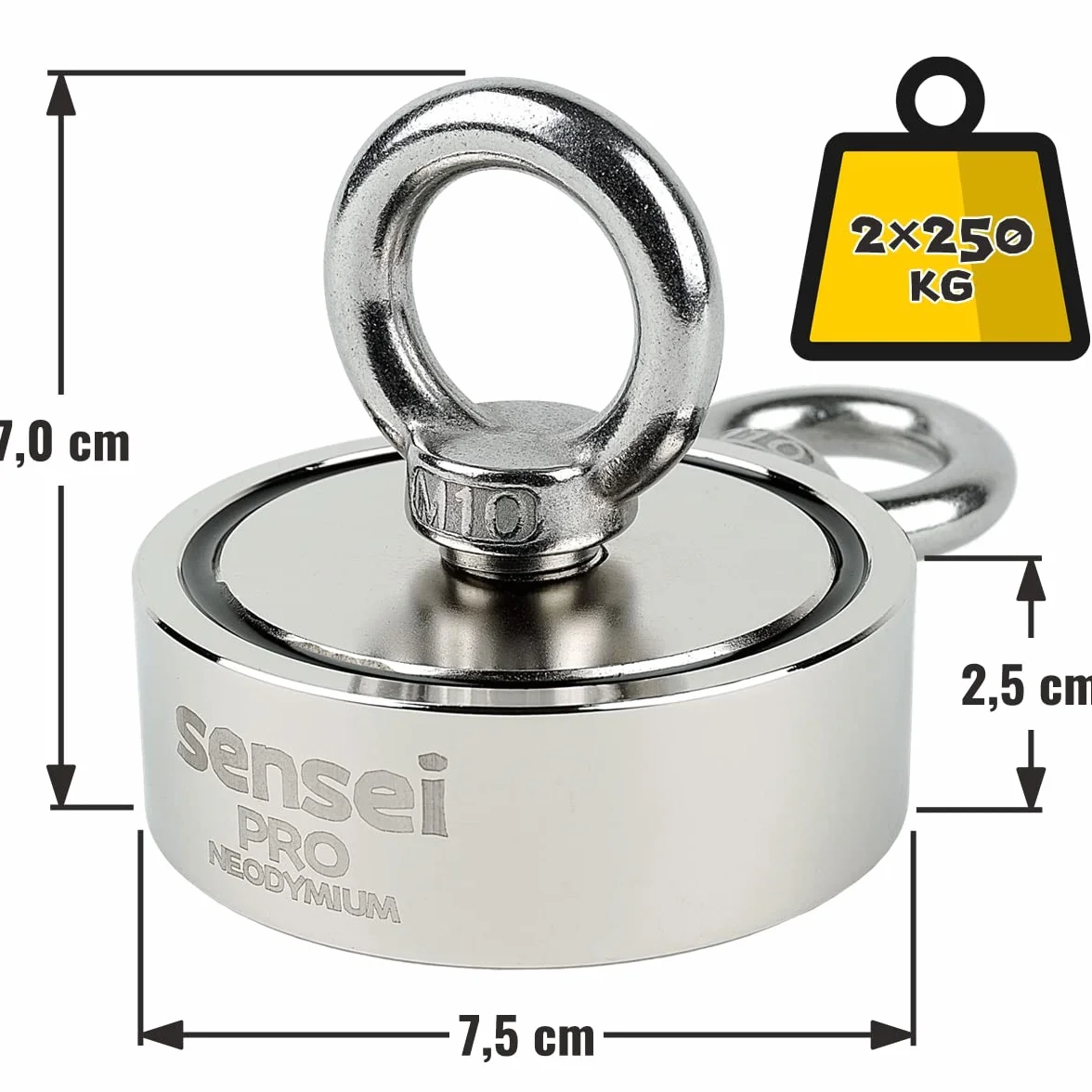 Zestaw SENSEI 2x250=500 kg, Magnes Neodymowy Dwustronny N52 z Dwoma Uchwytami, Ø7,5 x H2,5 cm, Lina Żeglarska 25 m, Rękawice Ochronne + Akcesoria, Zestaw do Poszukiwań i Połowów Magnesem