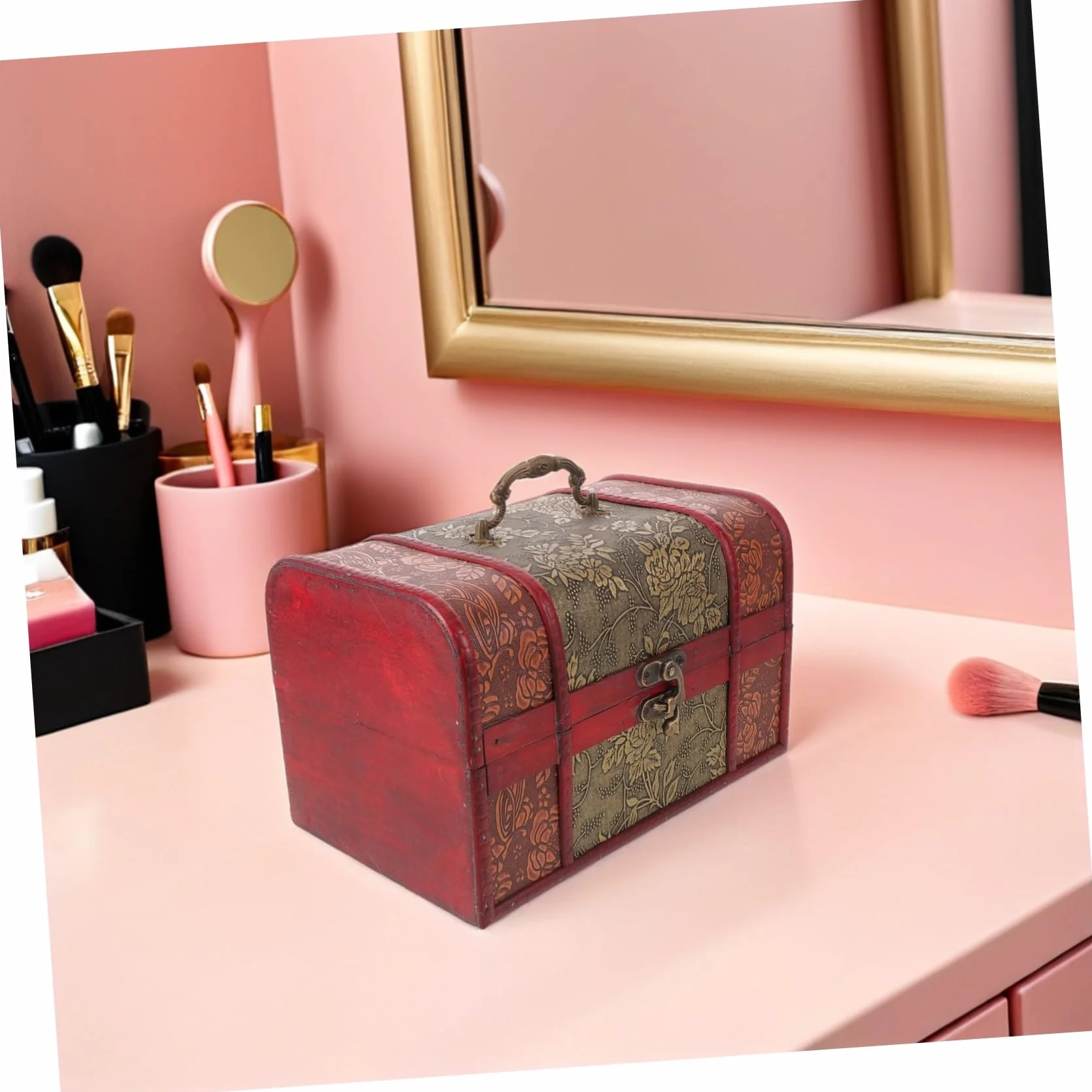 jojofuny Antique Wooden Jewelry Box Large Retro Treasure Chest with Lock for Storing Rings Necklaces Earrings Decorative Storage Organizer for Women