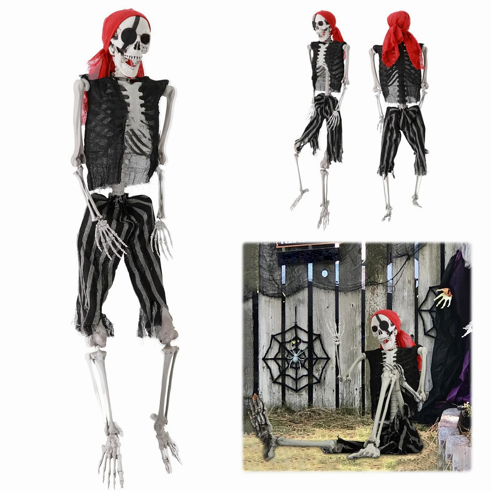 Grebest Szkielet na Halloween, szkielet naturalnej wielkości, możliwy szkielet całego ciała z ruchomymi stawami, strój pirata, wiszący rekwizyt szkieletu do wewnątrz/na zewnątrz nawiedzony dom