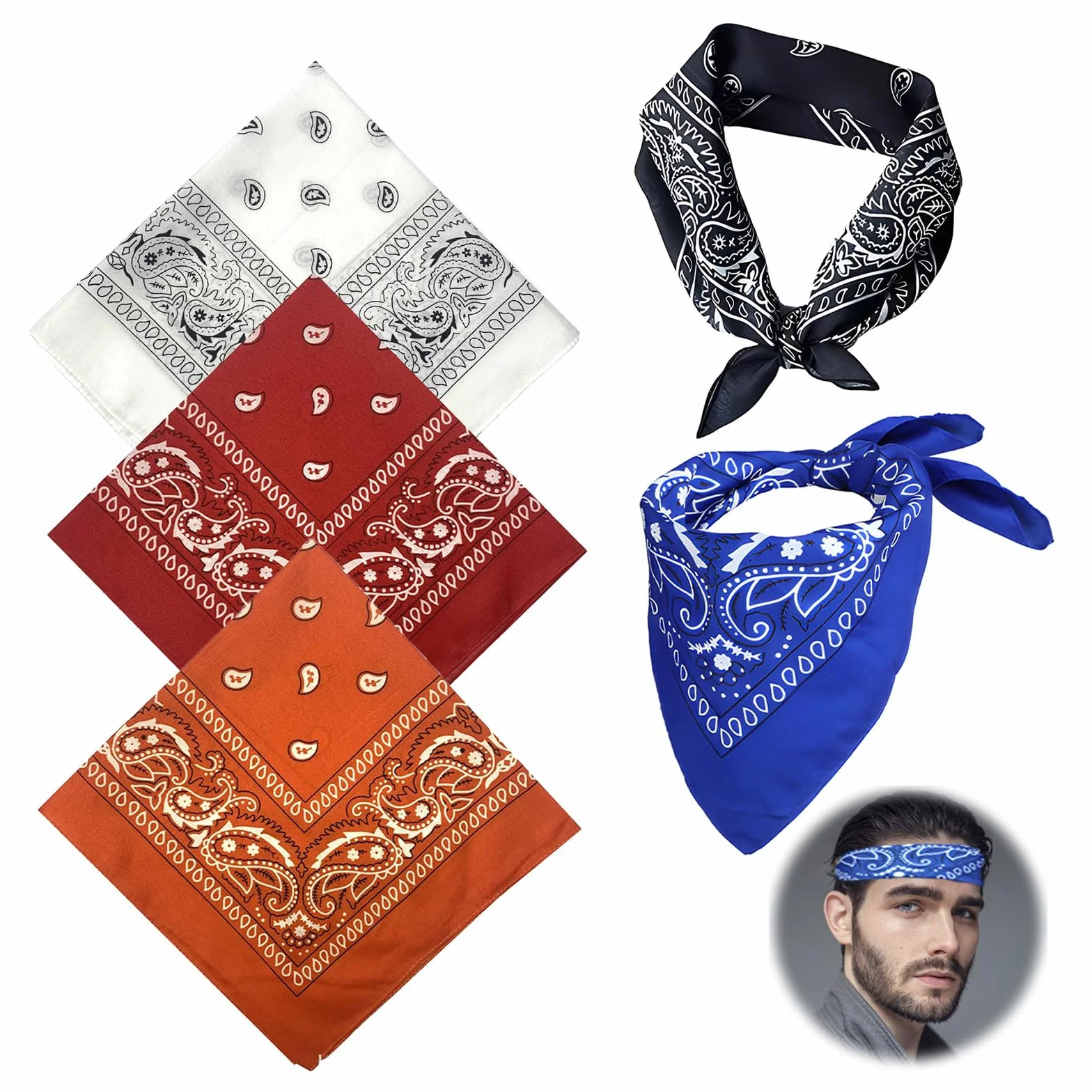 5 sztuk bandana chustka na głowę dla kobiet i mężczyzn, 55 x 55 cm chusta na głowę męska letnia bandana bawełniana paisley, chusta na szyję, chusta trójkątna, szal piracki, nakrycie głowy, szal na