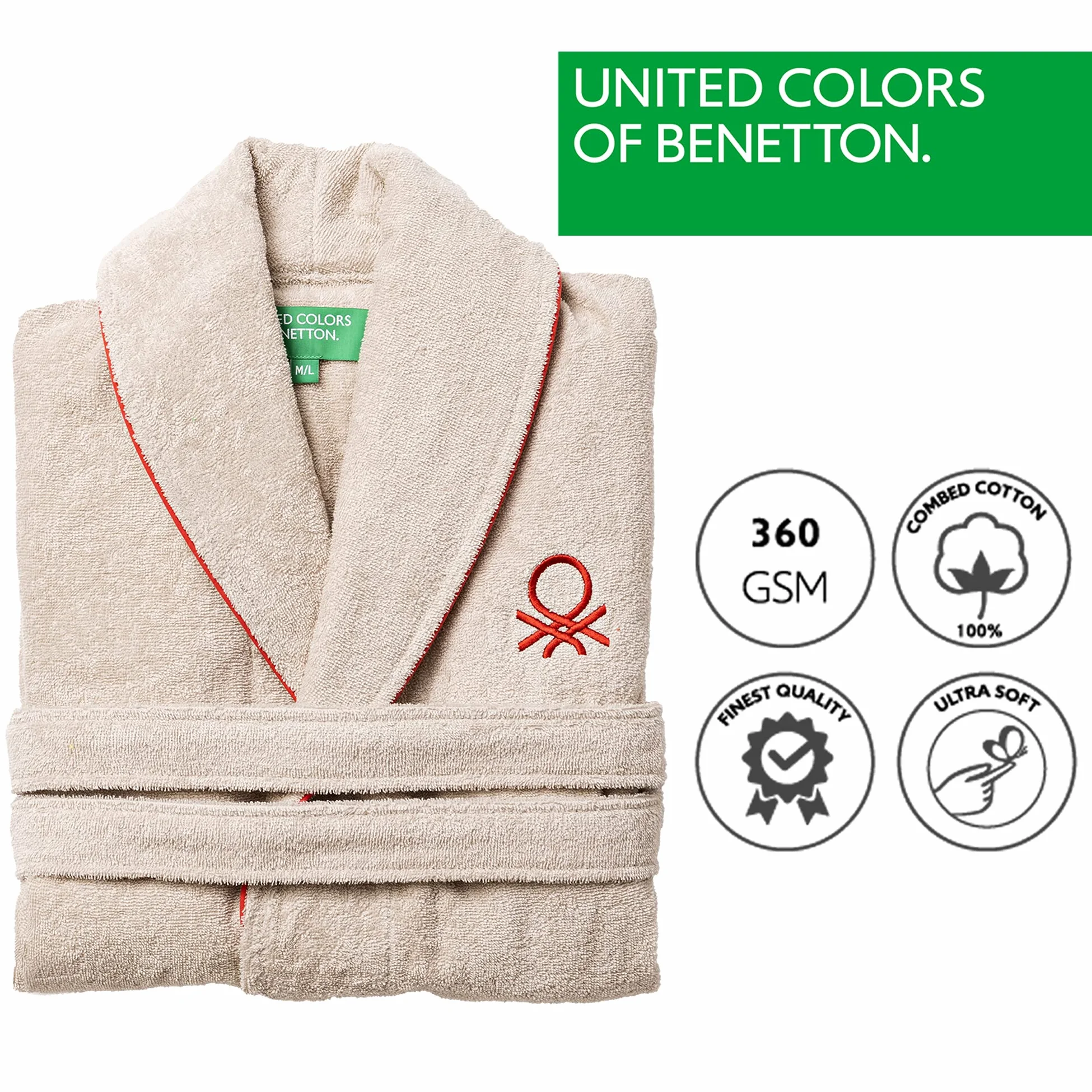 UNITED COLORS OF BENETTON. Szlafrok unisex męski lub damski 360gsm 100% bawełna, kremowy, Kremowy, L-XL