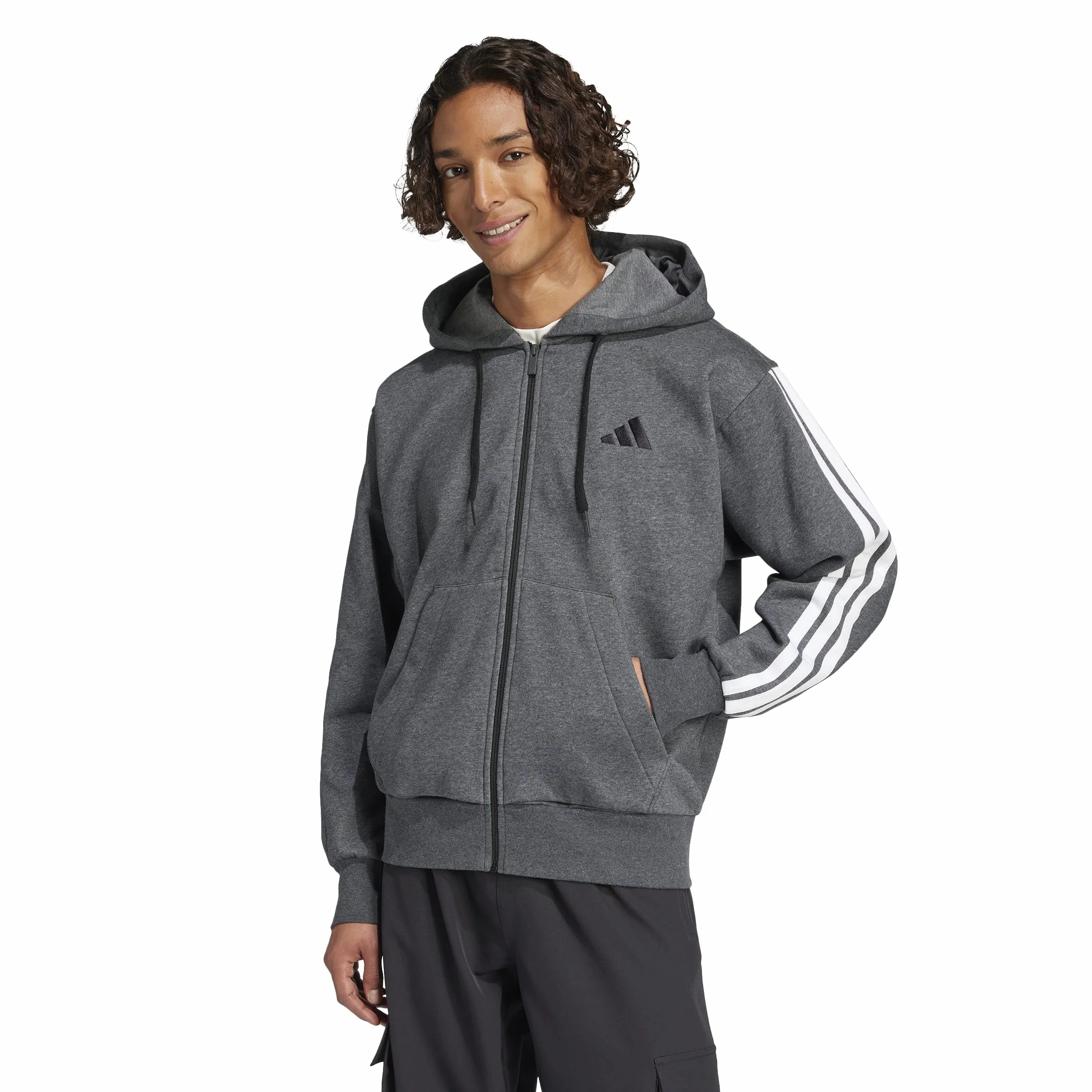 adidas Mezczyzni Essential Three Stripes Fleece Zipper Hoodie Sweatshirt, dark grey heather/black, S