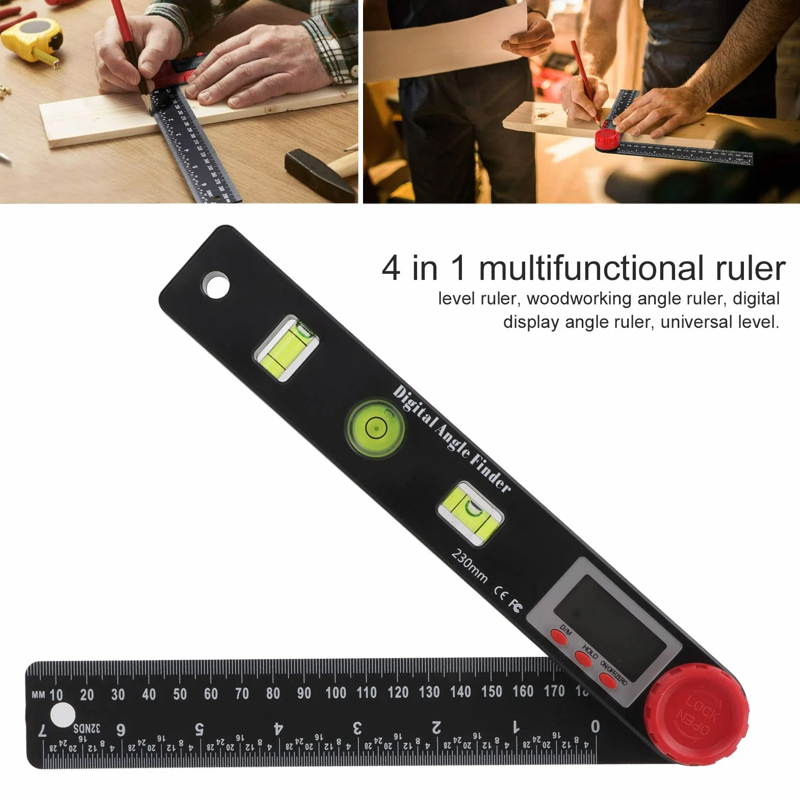 Finans Digital Angle Finder, Struktura Blokująca 360 Stopni, 4 w 1 Wielofunkcyjny Linijka Kątowa z LED HD, Kątownik Cyfrowy Wyszukiwarka Kąta dla Domu na Zewnątrz, Poziom