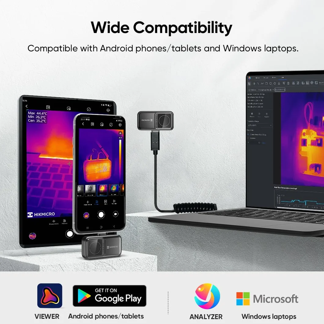 Kamera termowizyjna HIKMICRO Mini2 z systemem Android, rozdzielczość 256 x 192 podczerwieni, częstotliwość odświeżania 25 Hz, szeroki kąt 50°, 49 152 pikseli, -20°C do 350°C, USB-C (nie dla iPhone'a)