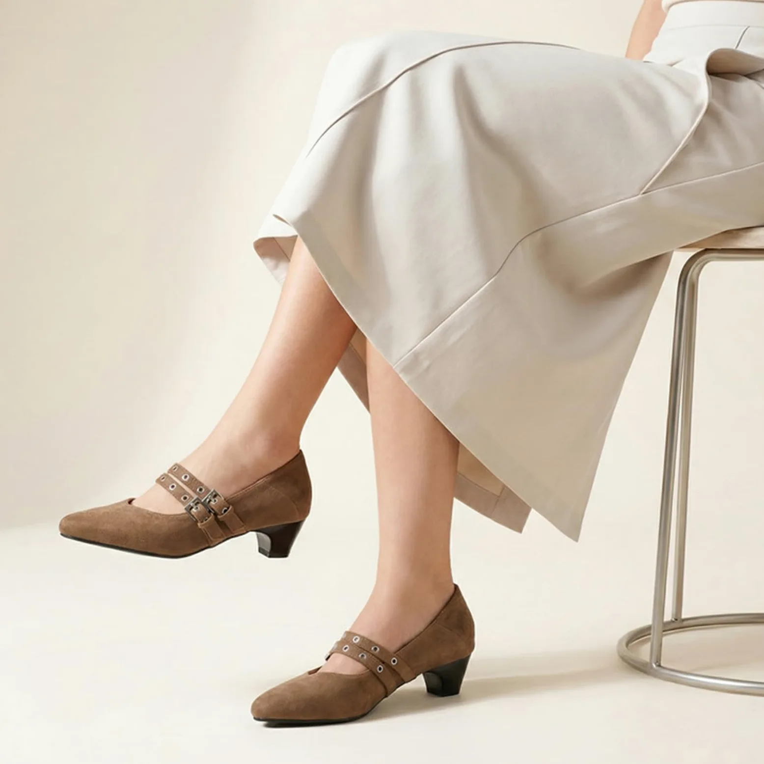 Czółenka Mary Jane Zamsz Podwójny Pasek Klamra Ostry nosek Średni Obcas Damskie Eleganckie Buty Do Pracy