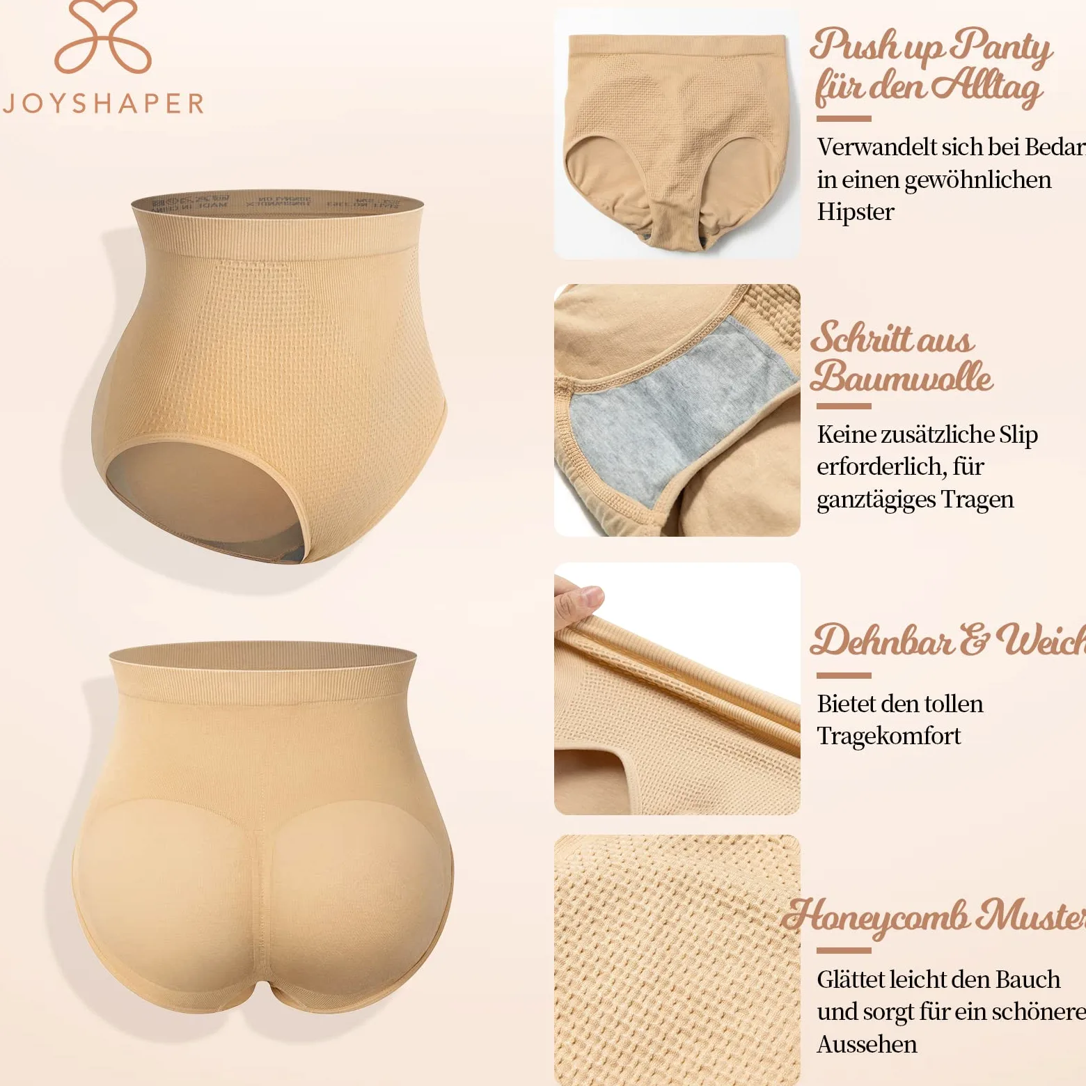 Joyshaper Damskie majtki push-up, majtki modelujące figurę, majtki biodrowe, bielizna modelująca, czarno-beżowe, S-XL