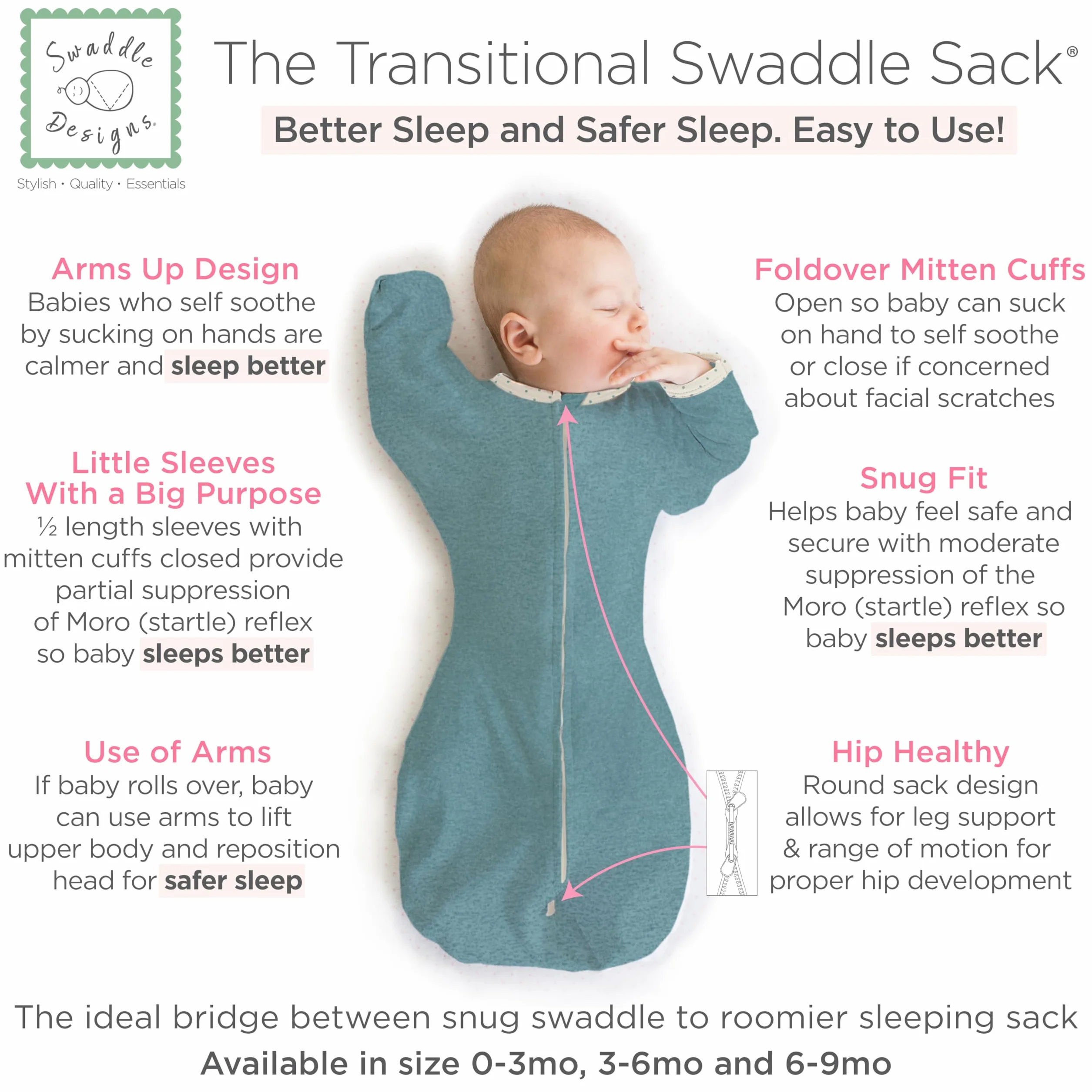 SwaddleDesigns Przejściowy worek do przewijania z rękawami do połowy długości i mankietami rękawiczek, wrzosowy turkusowy z wykończeniem w kropki, mały, 0-3 mies, 2,7-6,4 kg (lepszy sen, łatwe